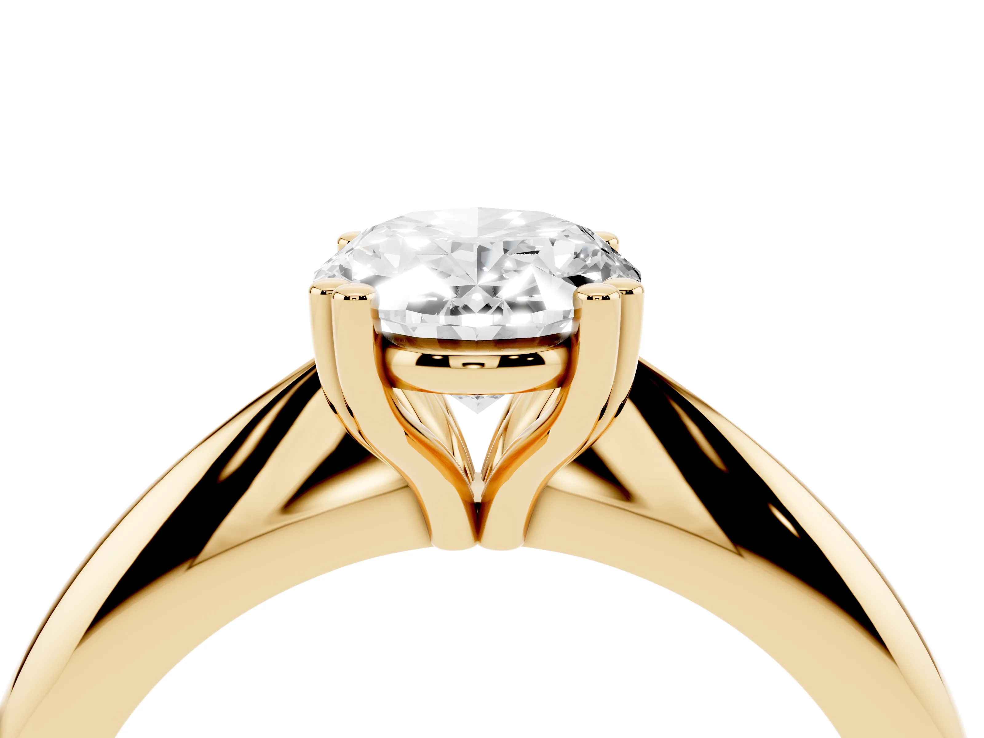 Oval Cut Diamond Solitaire Engagement Ring Set in Yellow gold with Tapered Band and Prong Setting