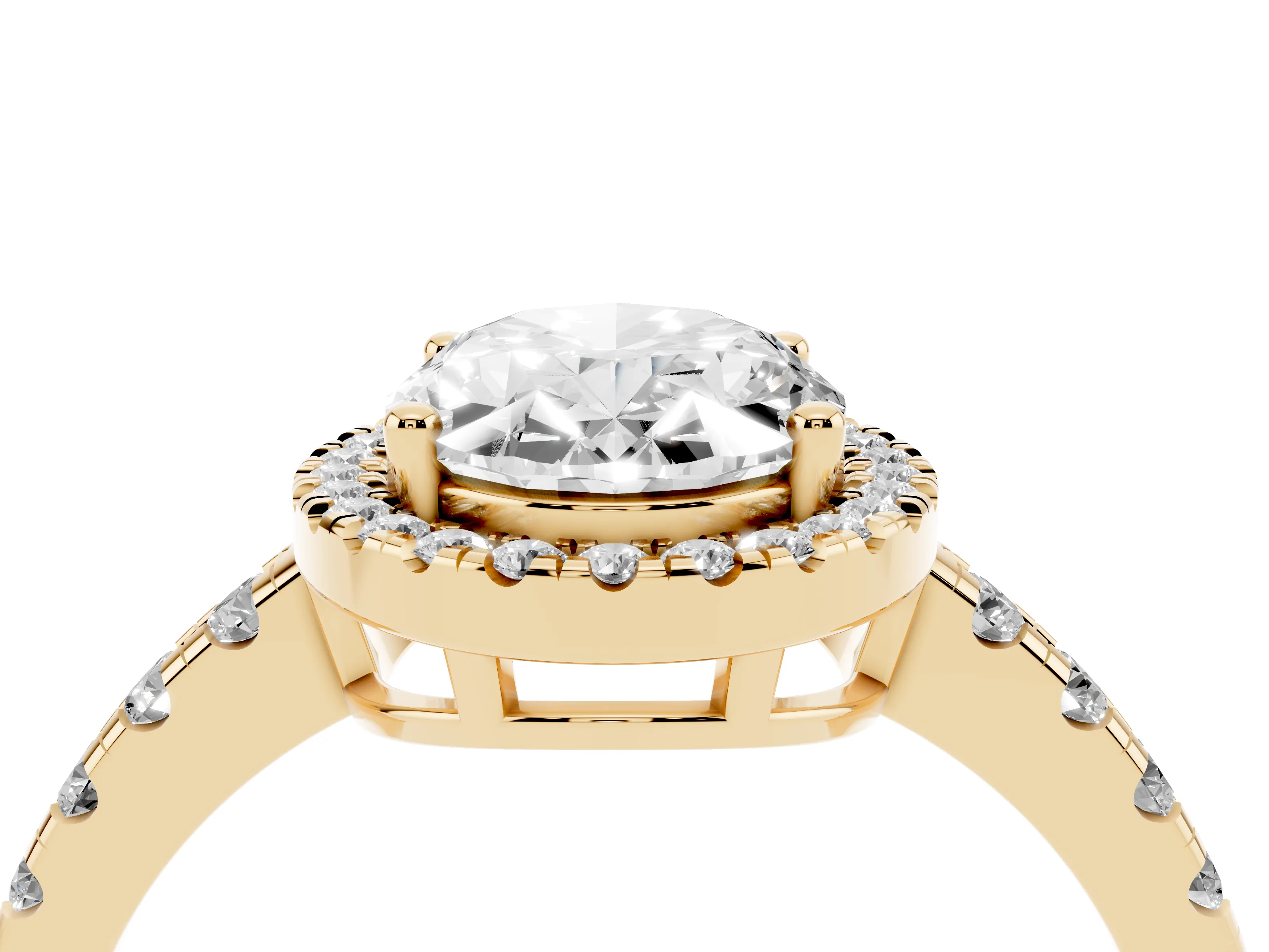Oval Cut Diamond Halo Ring Set in Yellow gold with Delicate Pavé Band and Prong Setting