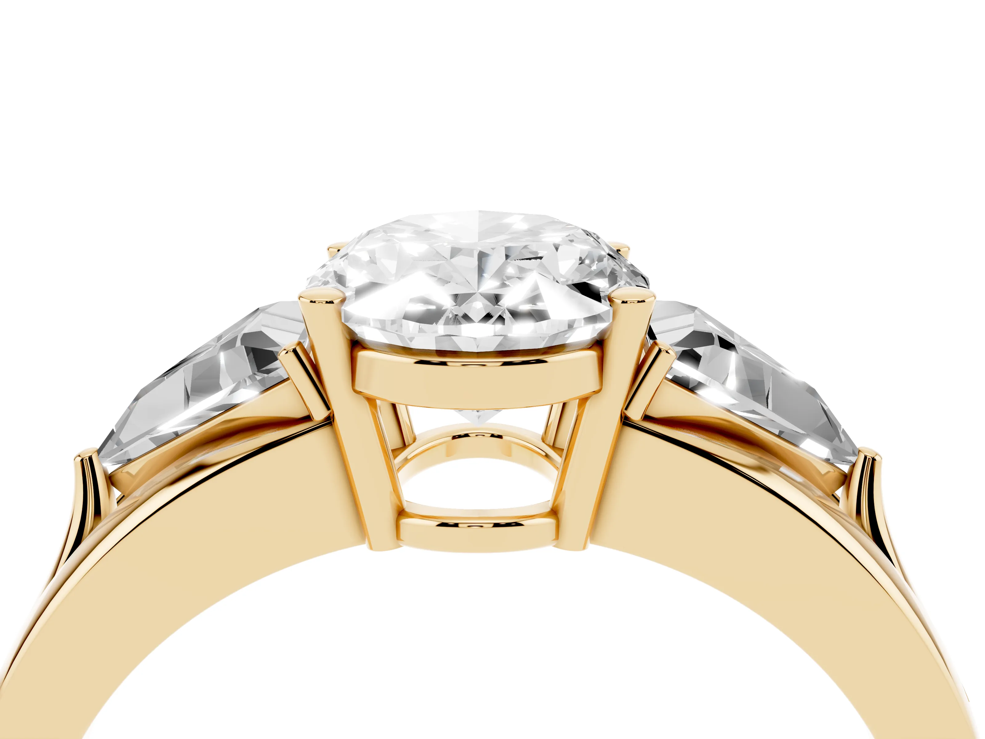 Oval Cut Diamond Three-Stone Ring Set in Yellow gold with Trillion Side Stones and Split Shank