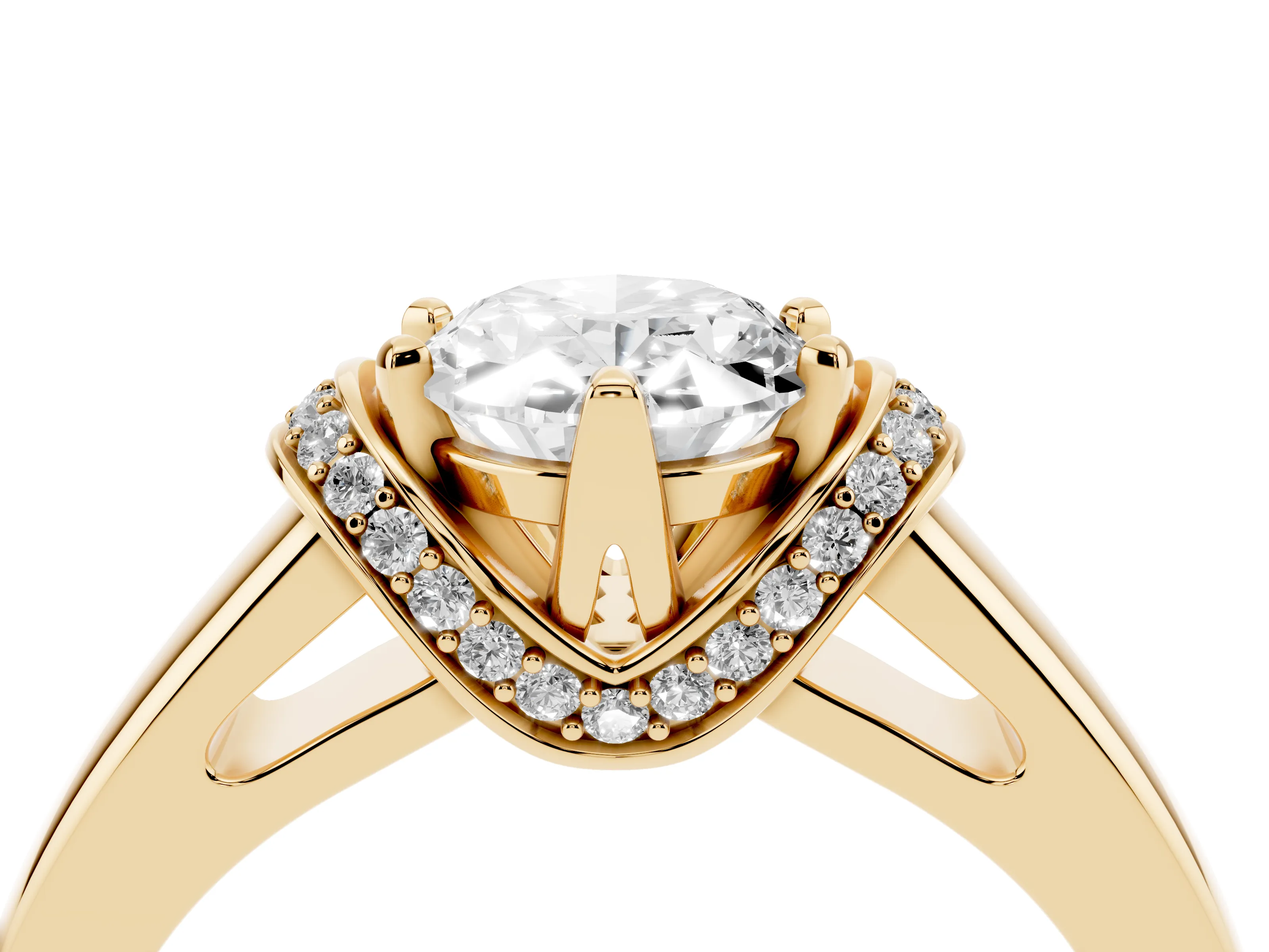 Oval Cut Diamond Pavé Band Solitaire Ring Set in Yellow gold with Prong Setting