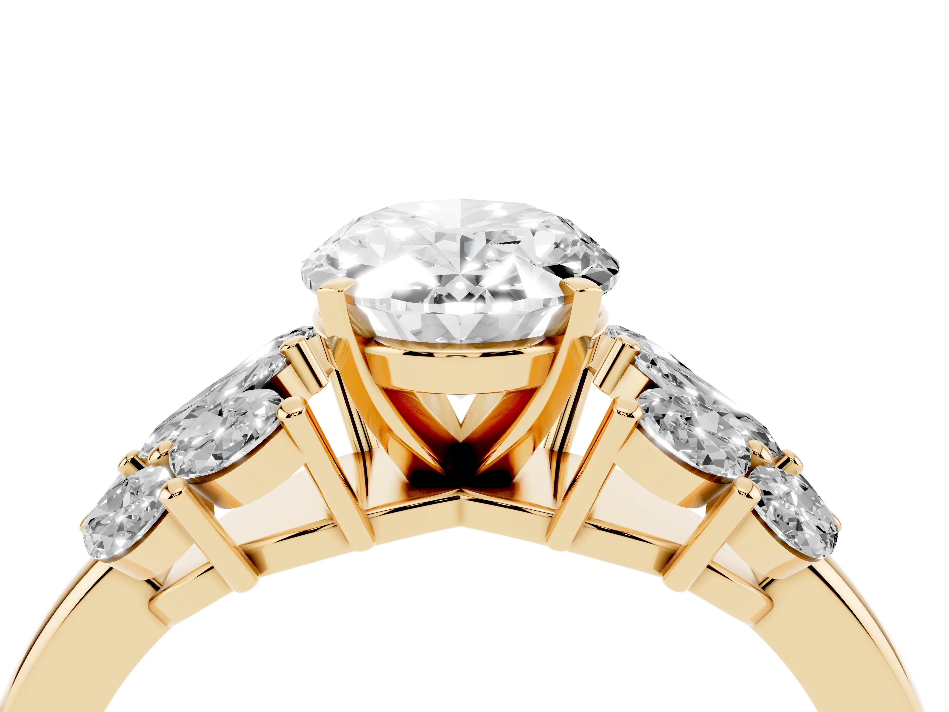 Oval Cut Diamond Cluster Leaf Design Ring Set in Yellow gold with Prong Setting