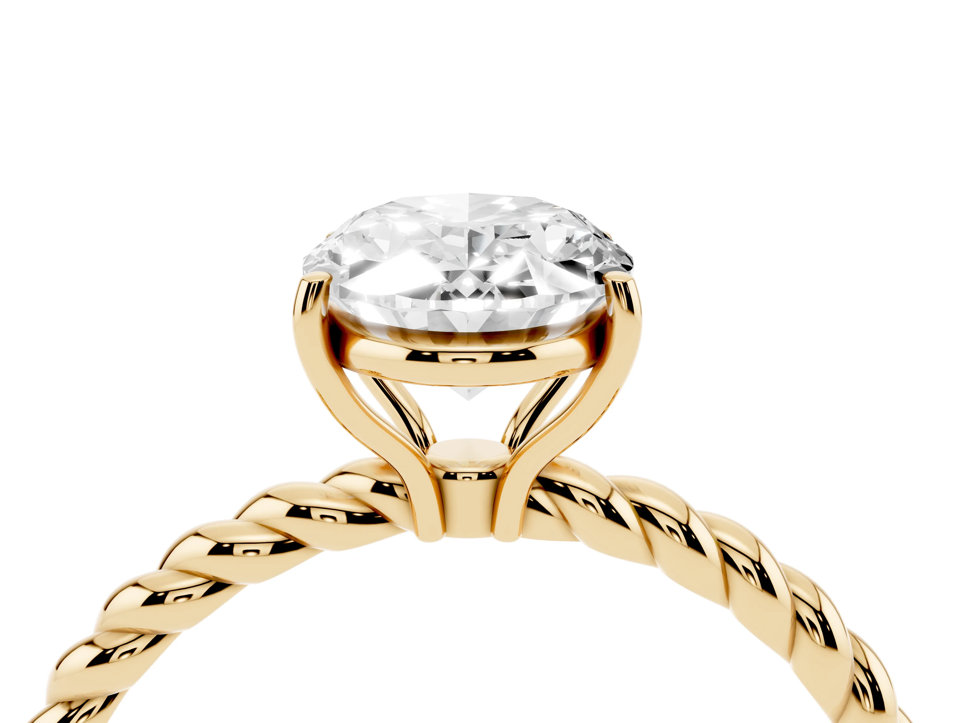 Oval Cut Diamond Solitaire Twisted Band Ring Set in Yellow gold with Prong Solitaire Setting