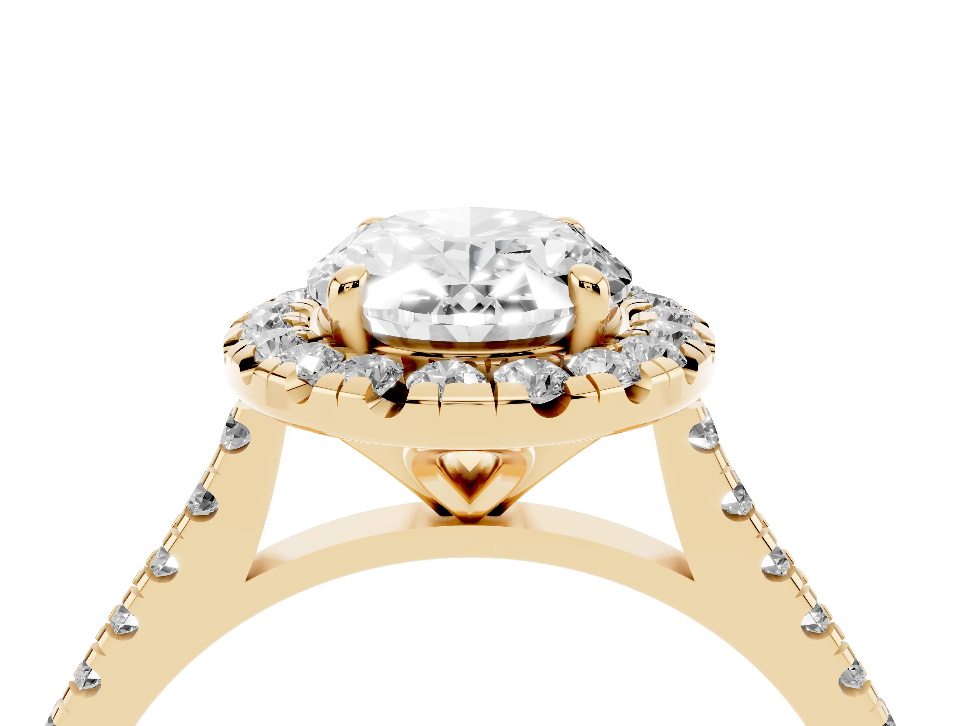 Oval Cut Diamond Cushion Halo Ring Set in Yellow gold with Pavé Band