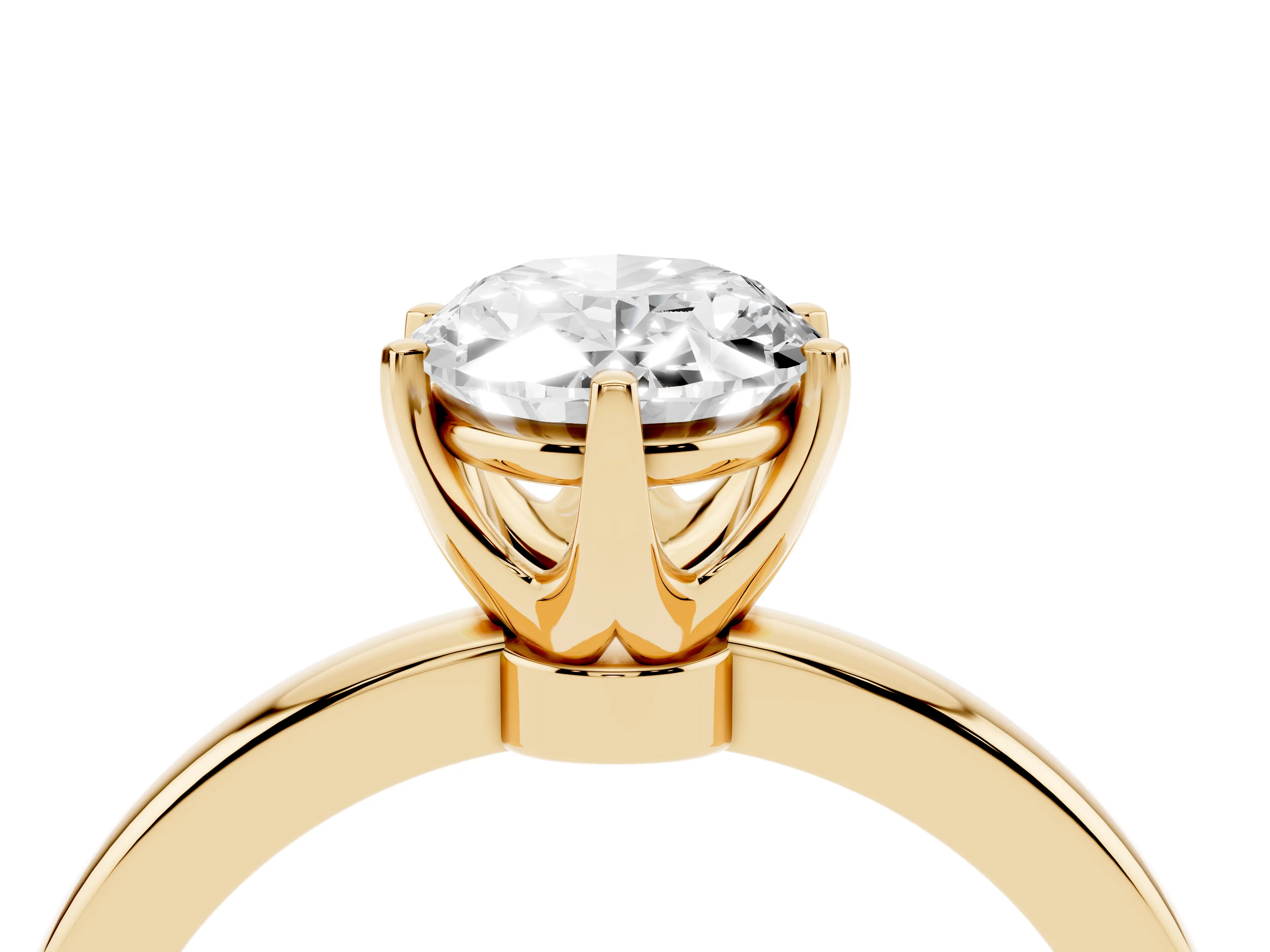 Oval Cut Diamond Solitaire Ring Set in Yellow gold with Raised Prong Setting on a Classic Band