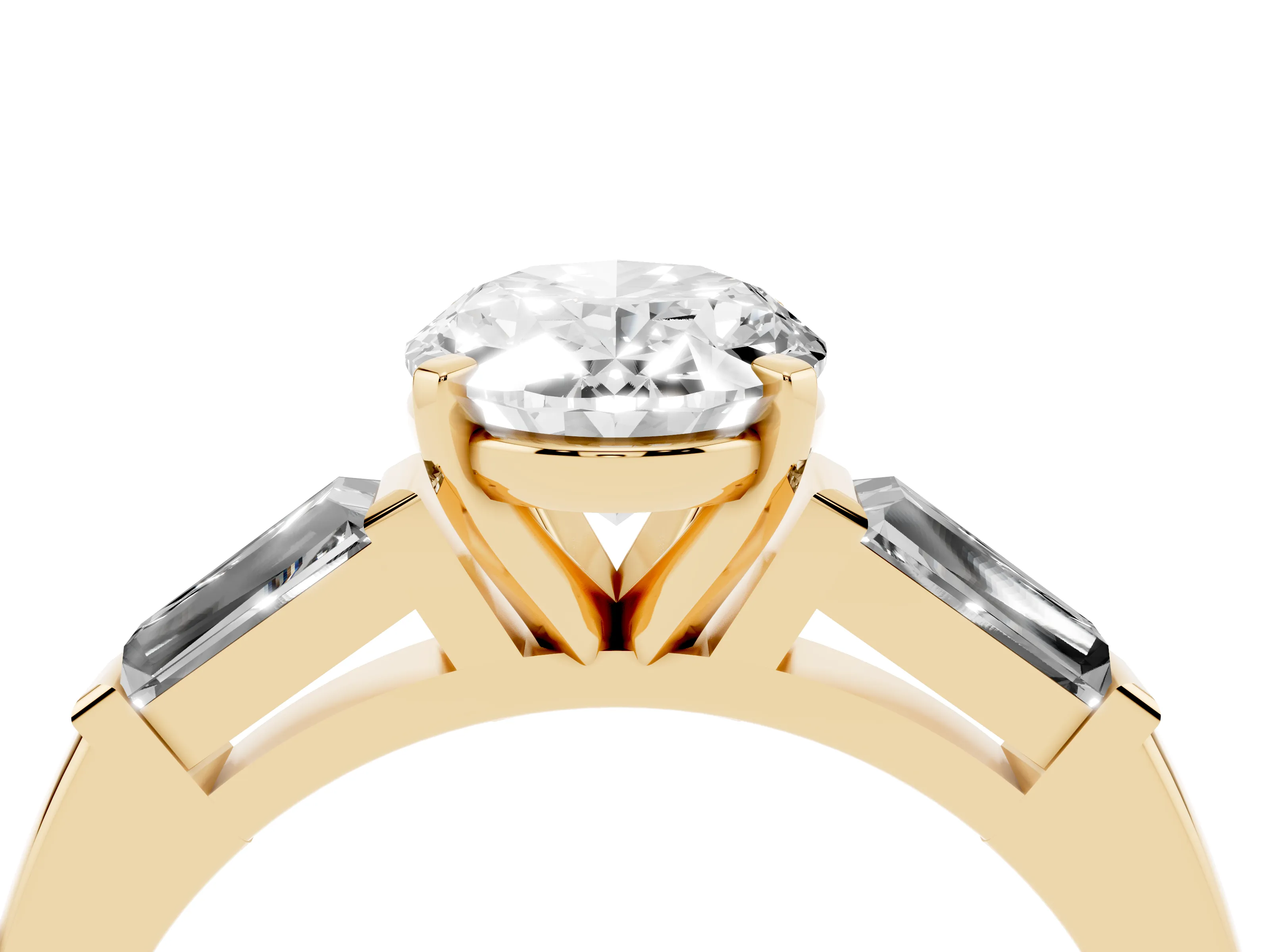Oval Cut Diamond Solitaire Ring Set in Yellow gold with Tapered Baguette Side Stones and Prong Setting