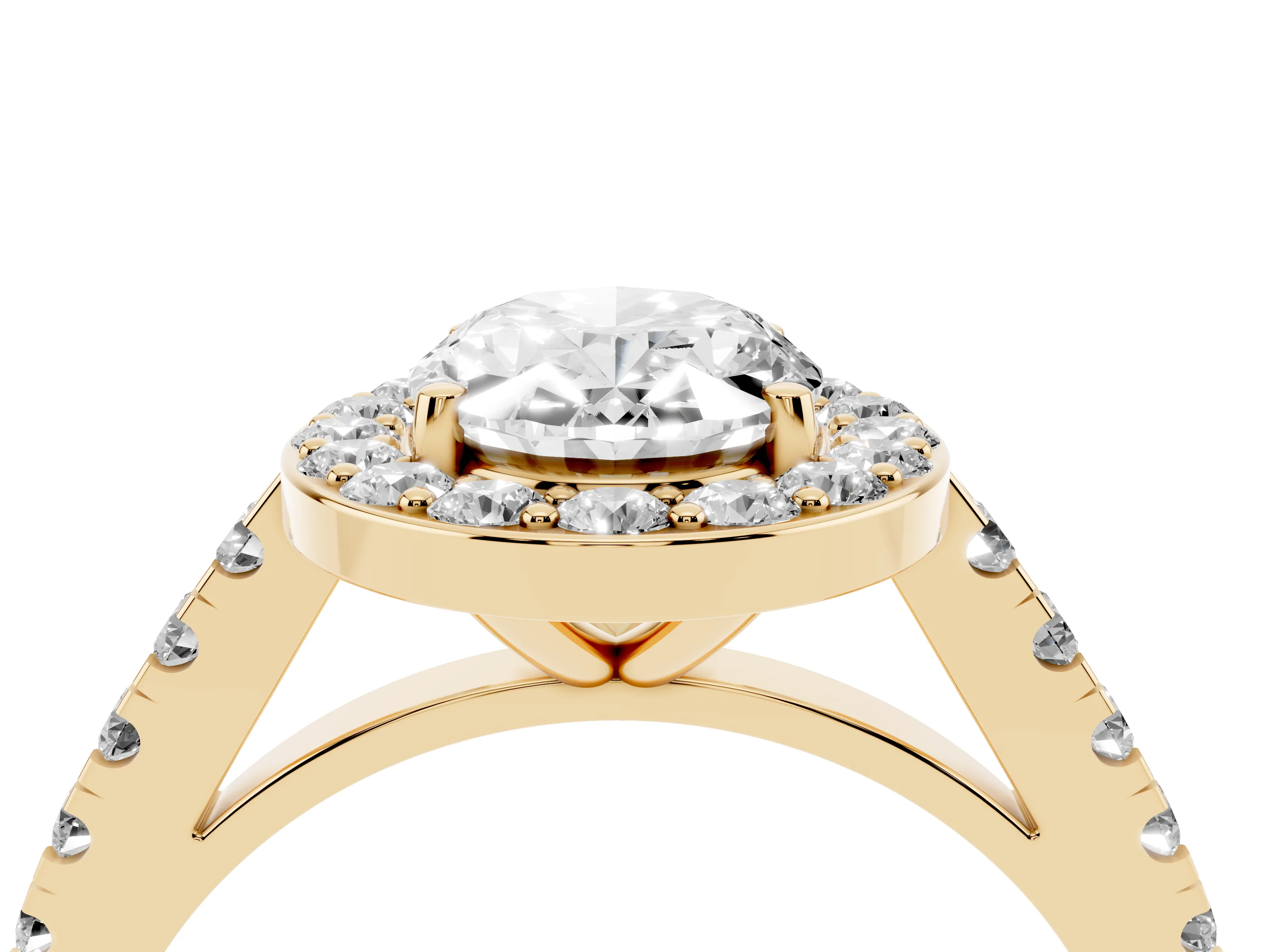 Oval Cut Diamond Halo Ring Set in Yellow gold with Round Pavé Split Shank and Prong Setting