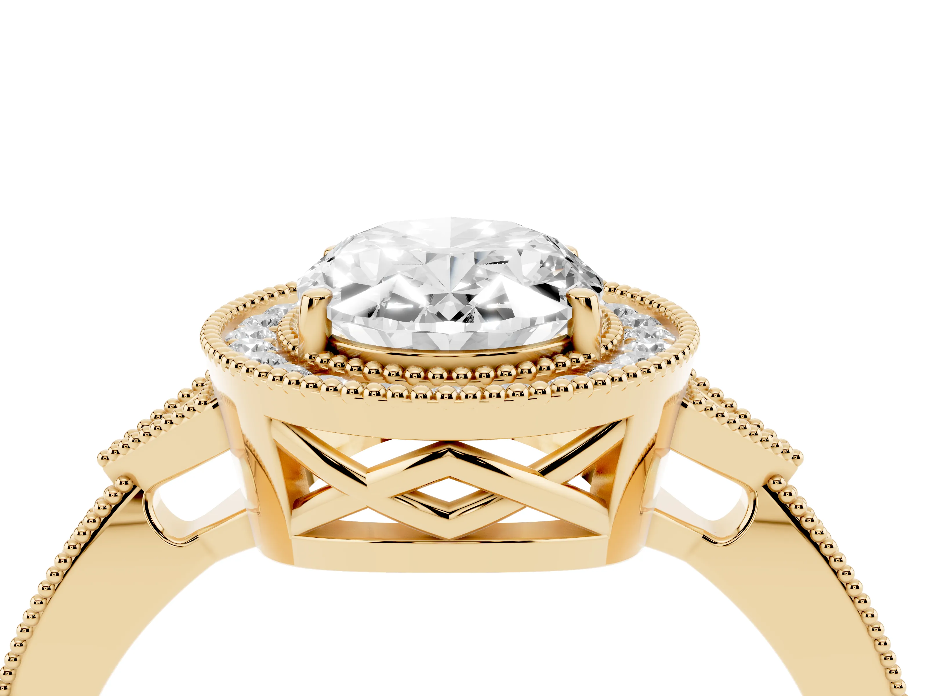 Oval Cut Diamond Halo Engagement Ring Set in Yellow gold with Milgrain Pavé Band