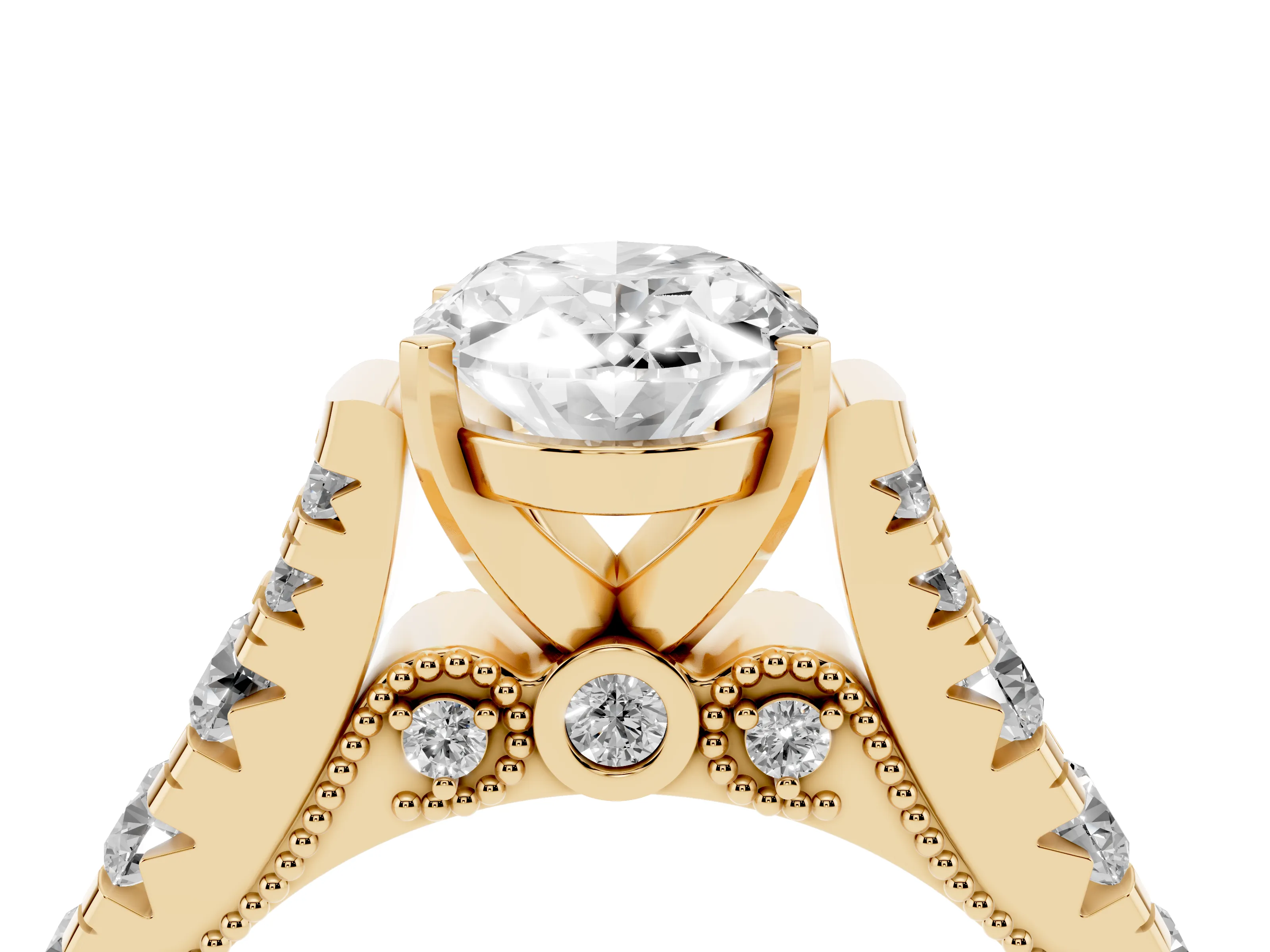 Oval Cut Diamond Classic Solitaire Ring Set in Yellow gold with Pavé Band and Prong Setting