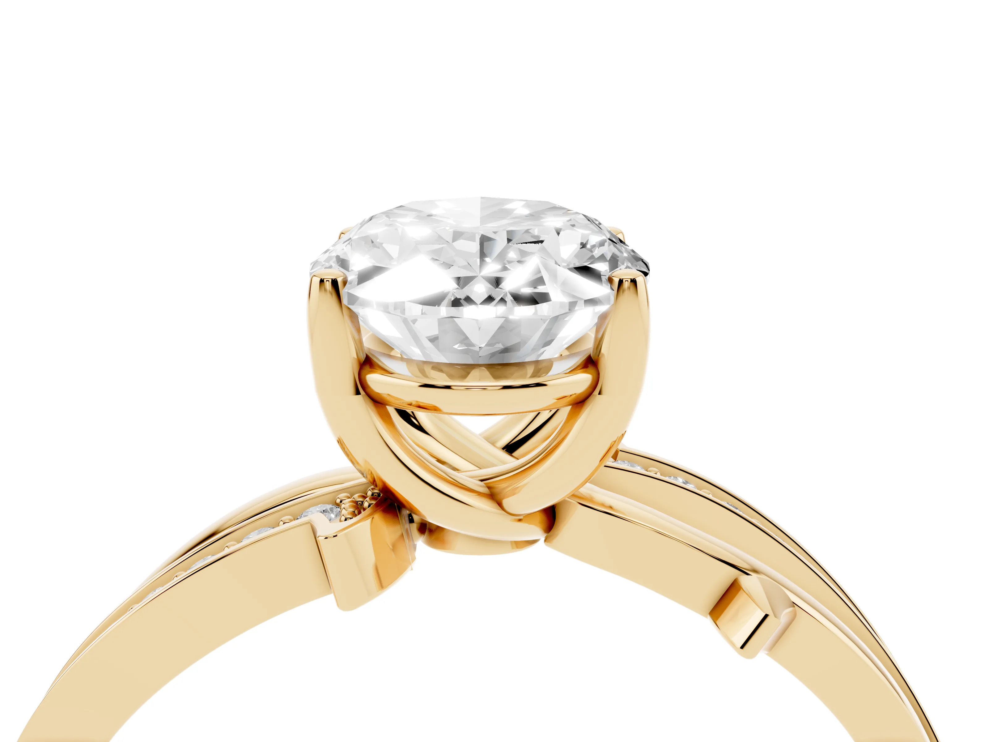 Oval Cut Diamond Pavé Twist Band Solitaire Ring Set in Yellow gold with Prong Setting