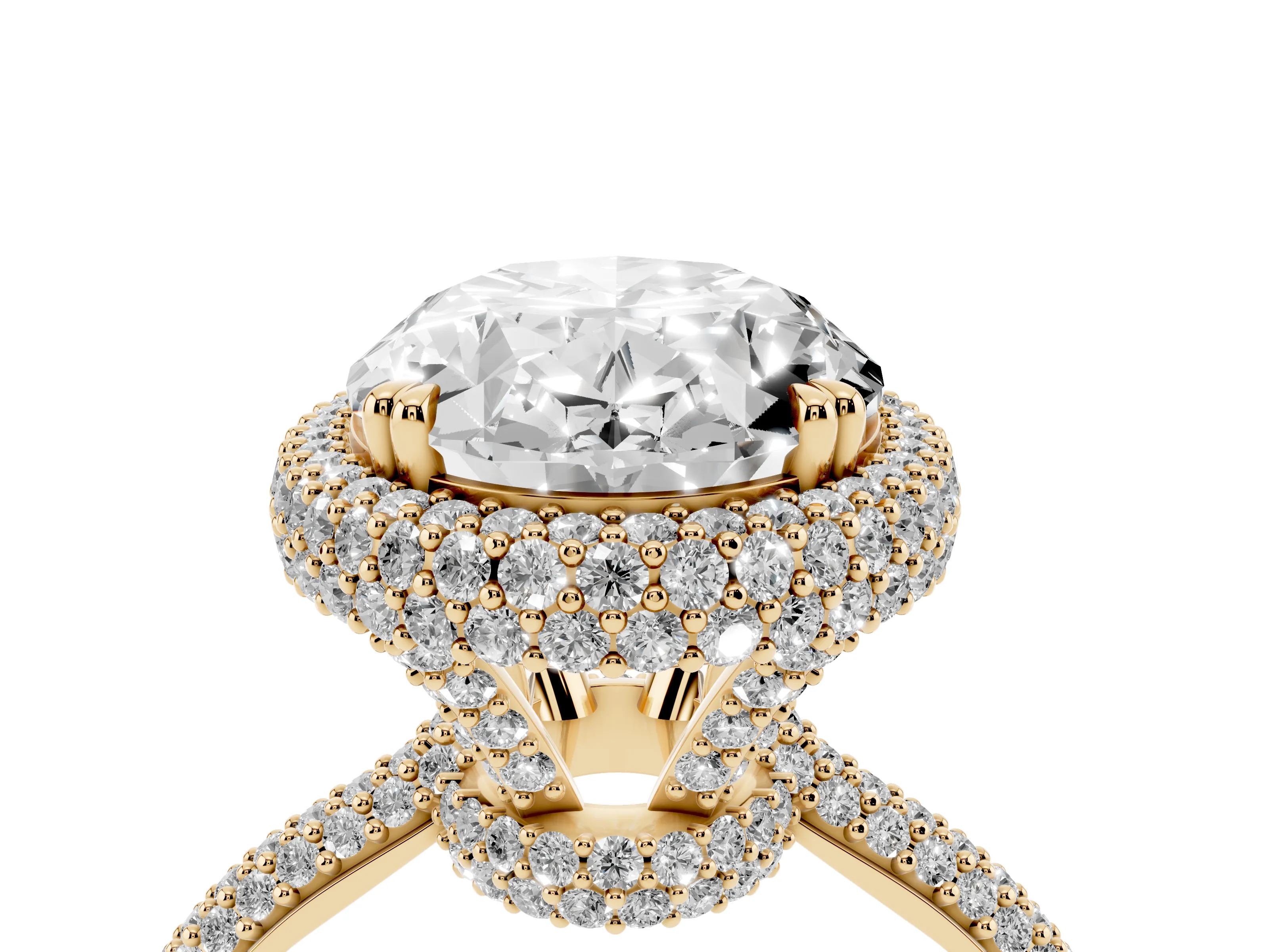 Oval Diamond Halo Ring Set in Yellow gold with Round Accent Halo and Pavé Band