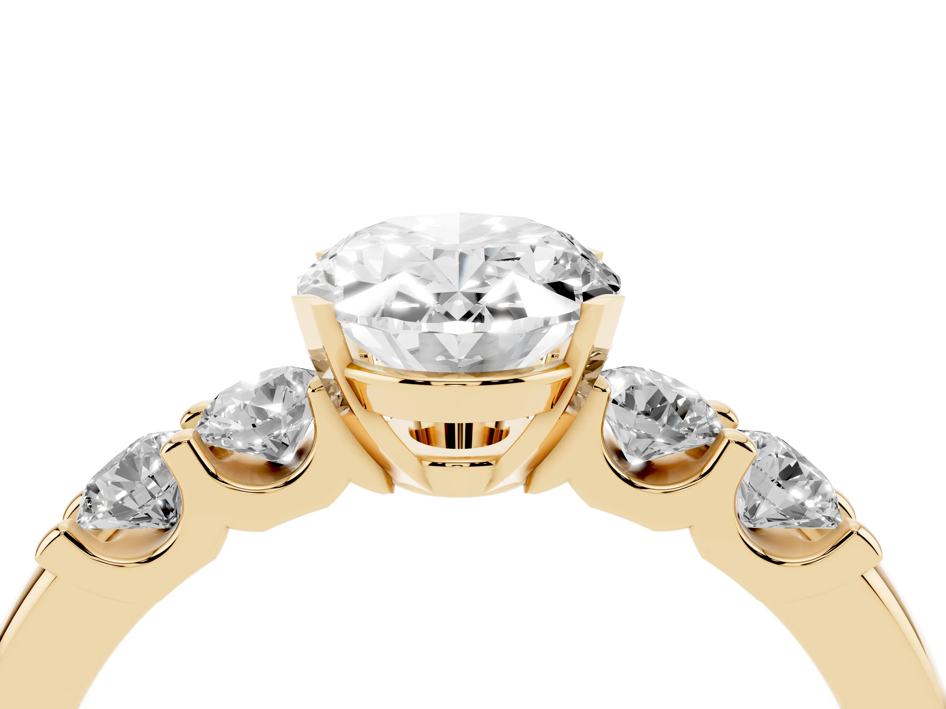 Oval Cut Diamond Five-Stone Prong Set Engagement Ring Set in Yellow gold with Channel Band