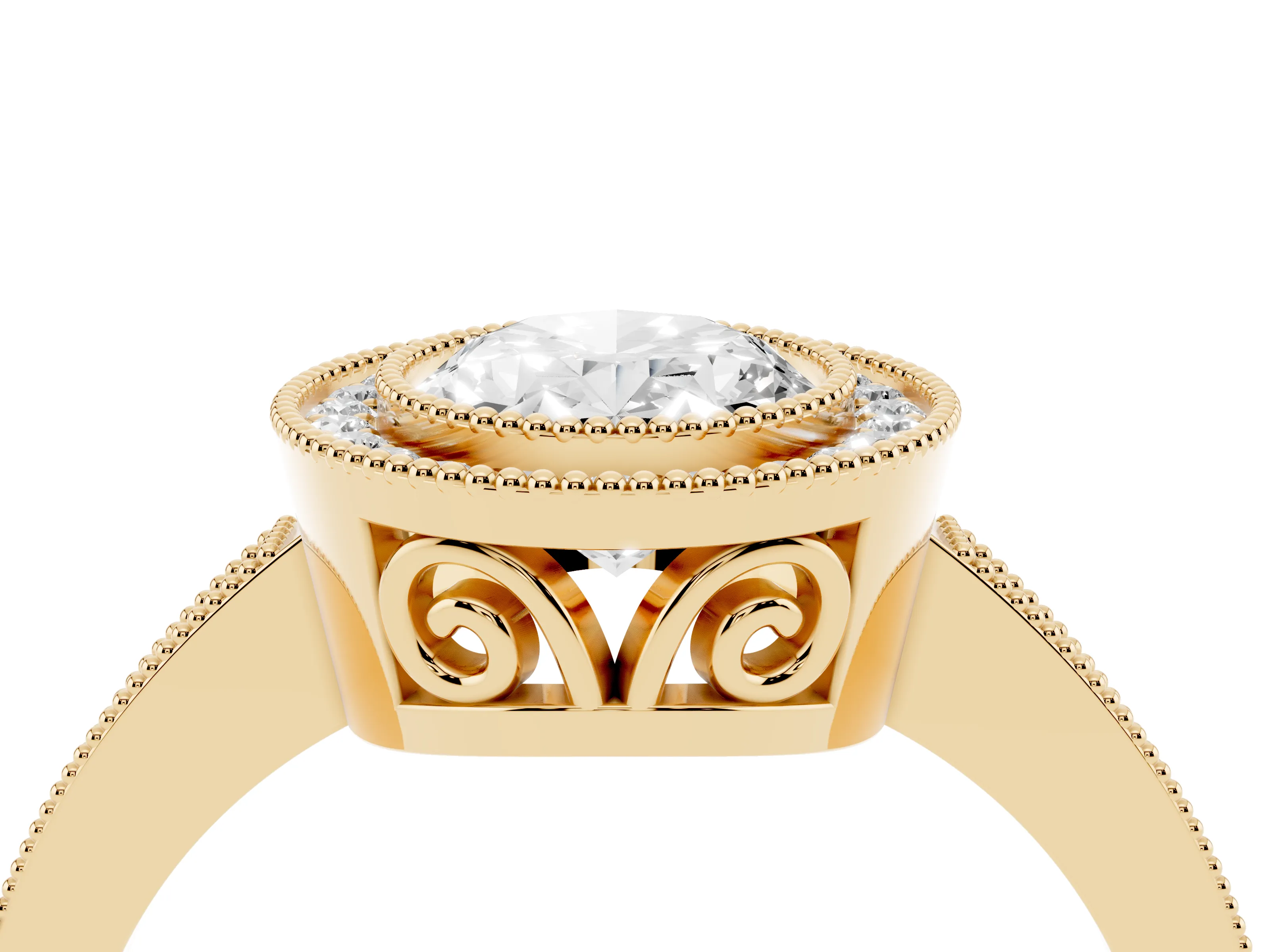 Oval Cut Diamond Halo Ring Set in Yellow gold with Pavé Band and Milgrain-Edged Prongs
