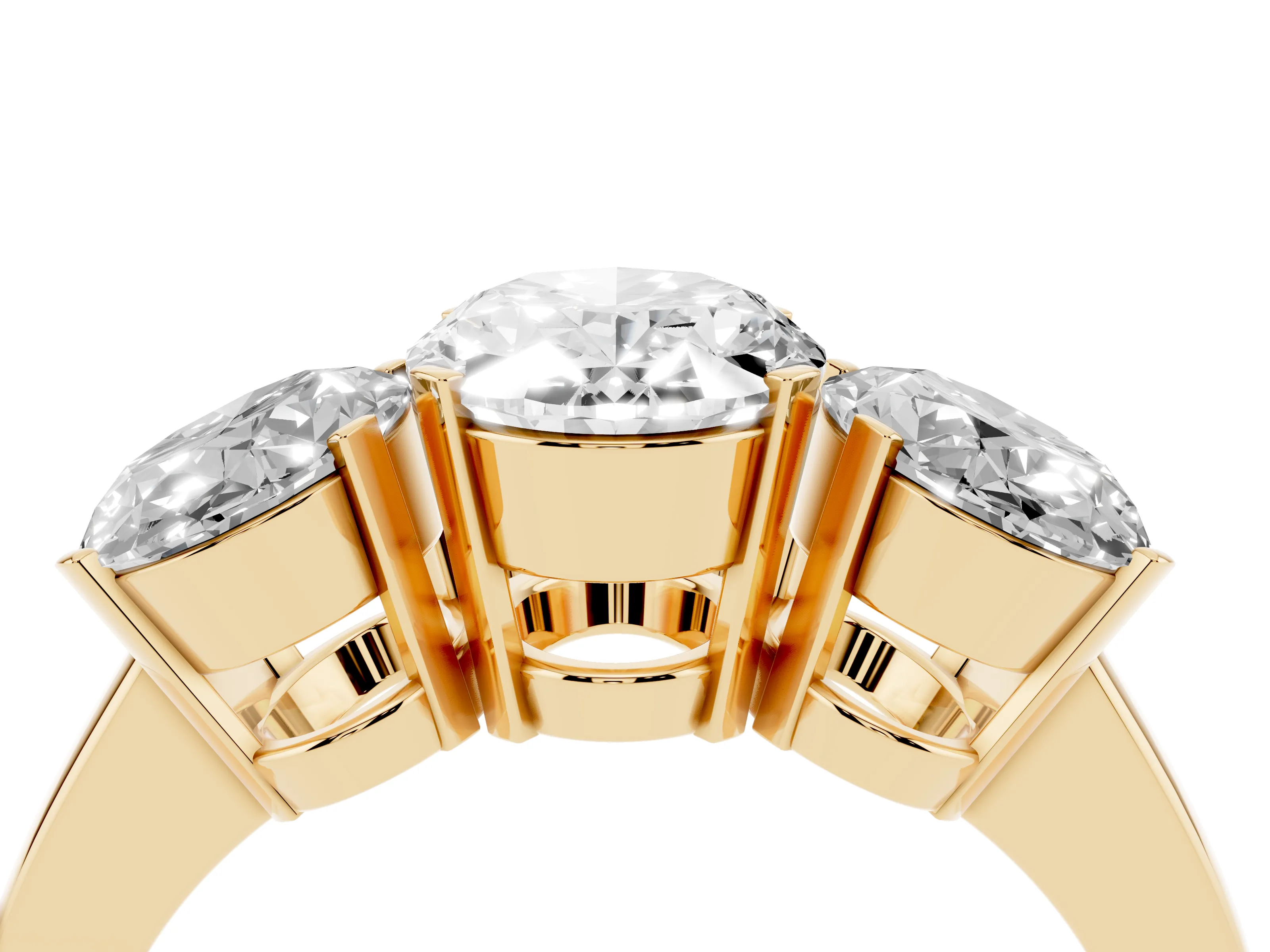 Oval Cut Diamond Three-Stone Ring Set in Yellow gold with Channel-Set Band and Prong Settings
