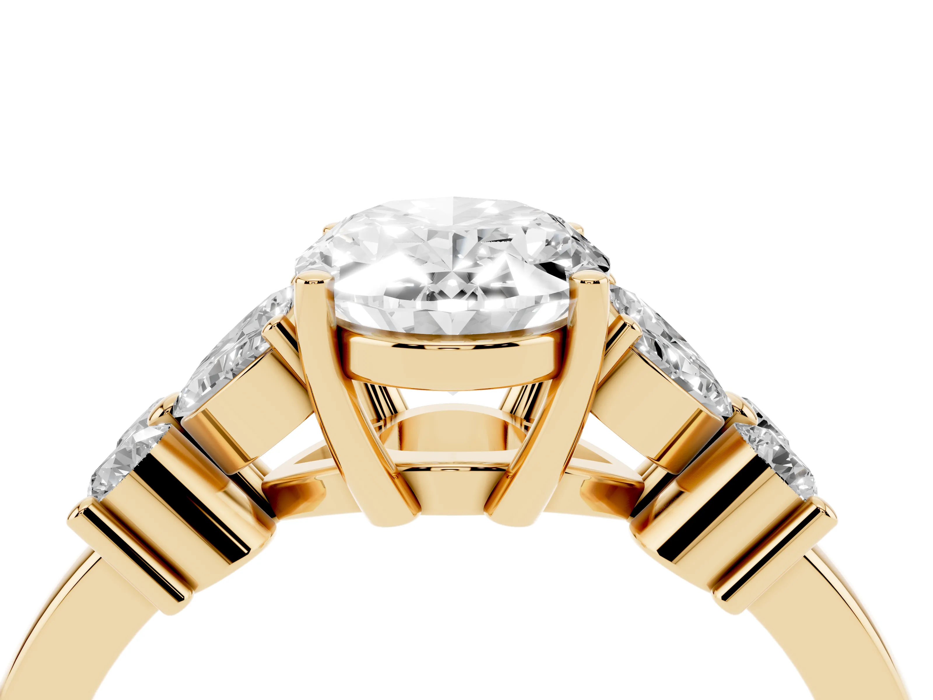Oval Cut Diamond Floral Cluster Ring Set in Yellow gold with Marquise Petals and Prong Setting