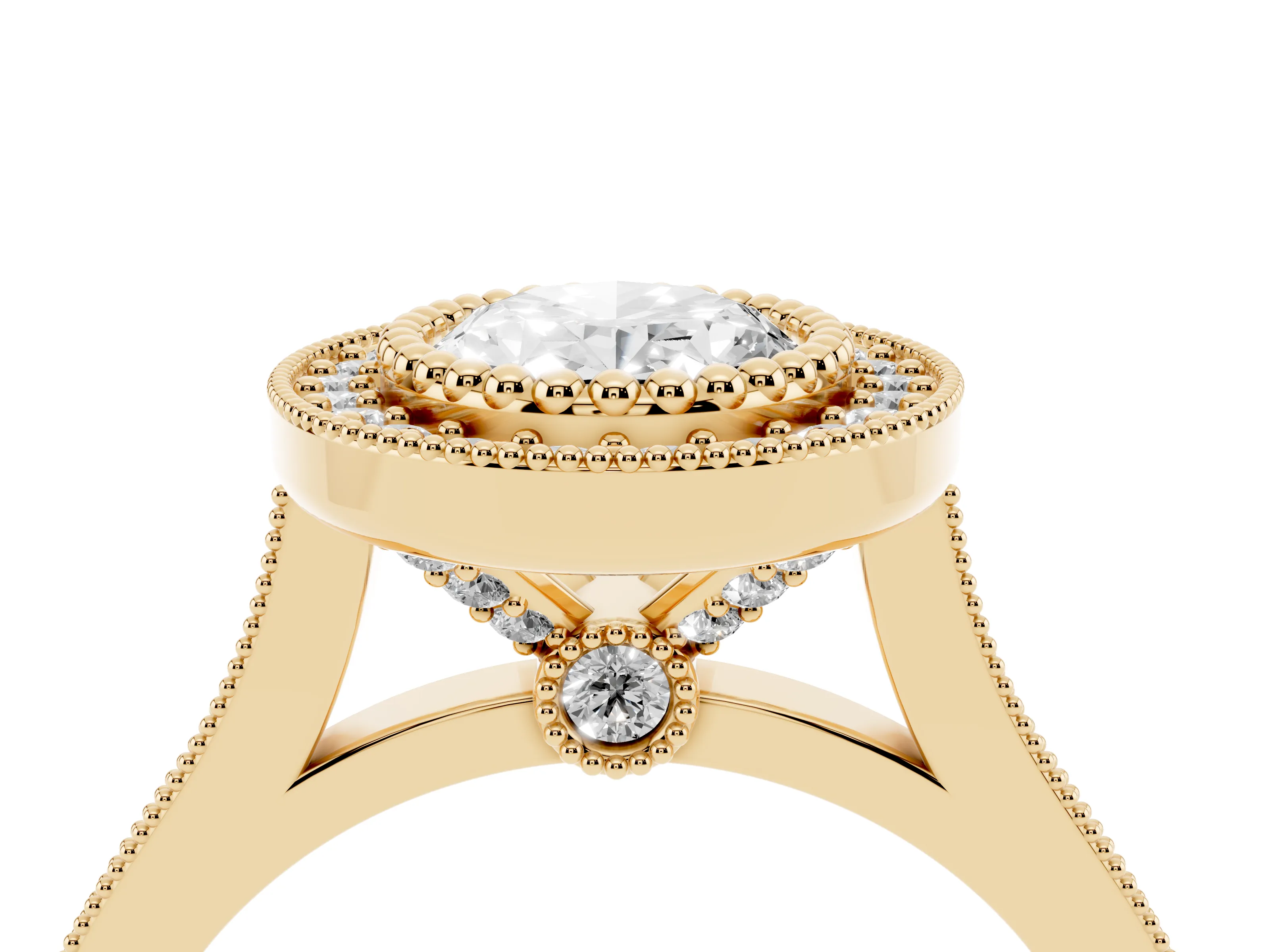 Oval Cut Diamond Halo Ring Set in Yellow gold with Milgrain Frame and Pavé Band