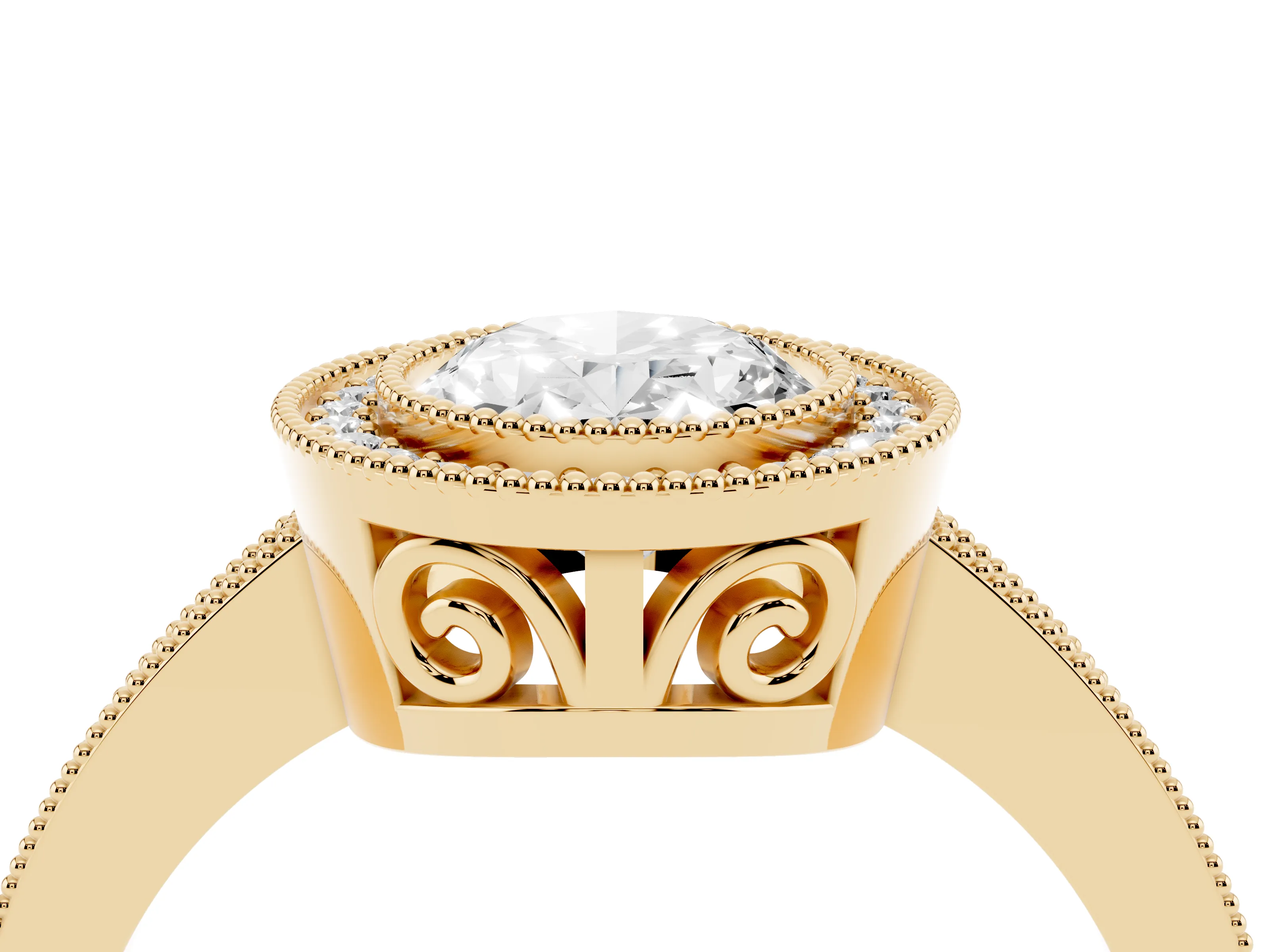 Oval Cut Diamond Round Halo Ring Set in Yellow gold with Pavé Band