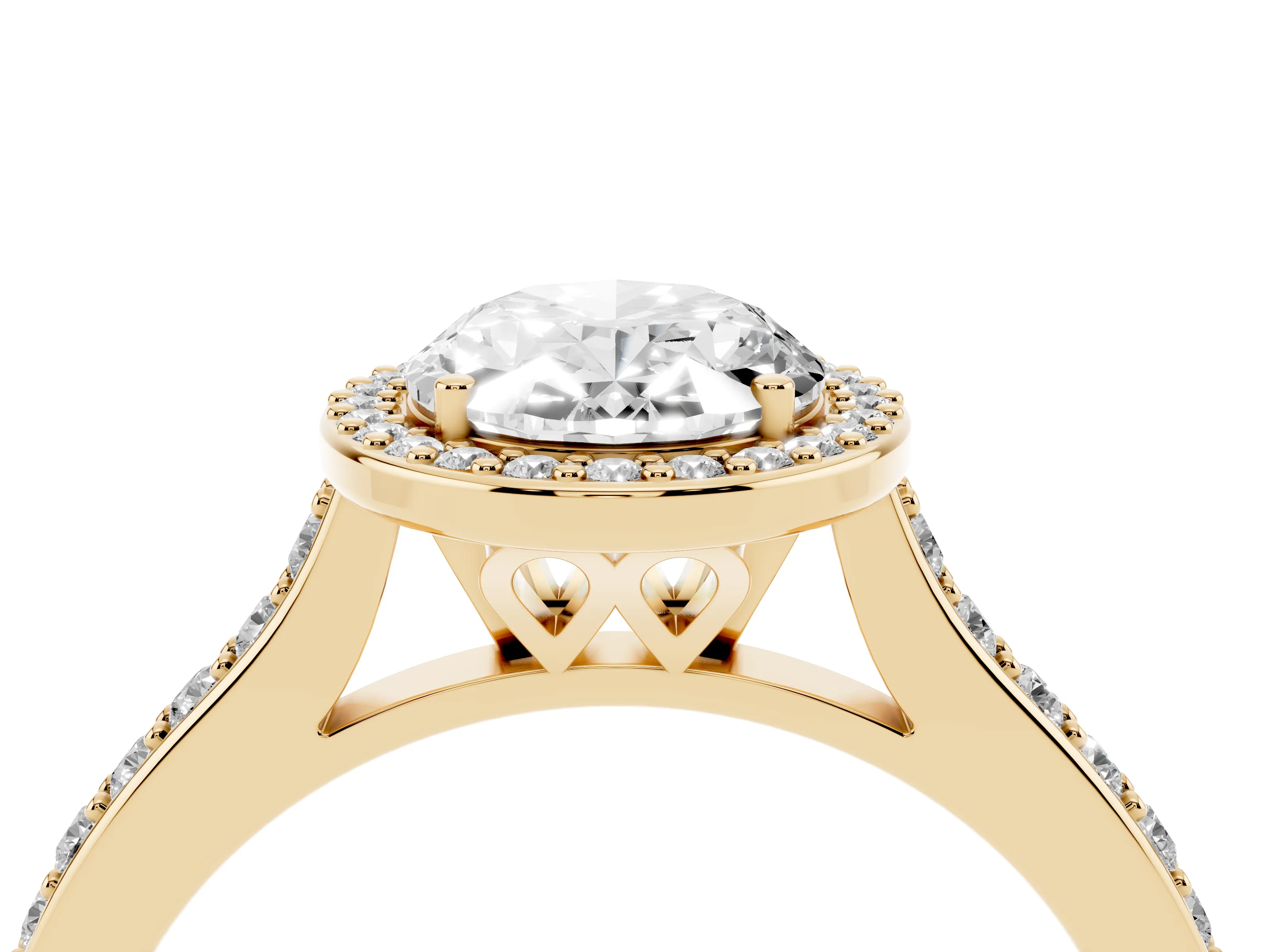 Oval Cut Diamond Halo Engagement Ring Set in Yellow gold with Round Pavé Shoulders and Heart Gallery