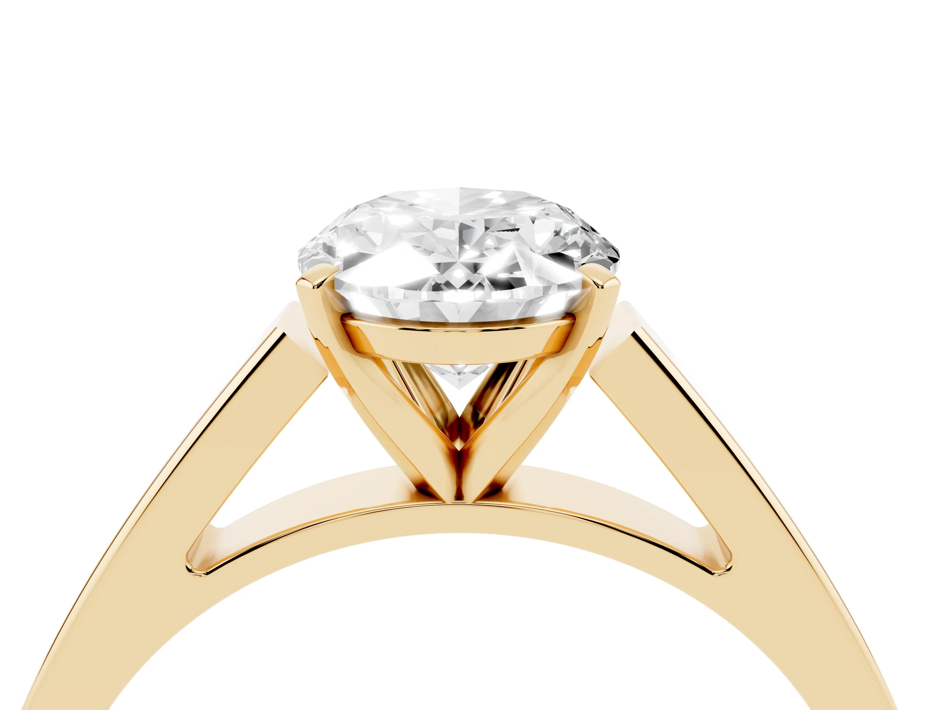 Oval Cut Diamond Solitaire Engagement Ring Set in Yellow gold with Prong Setting and Tapered Band