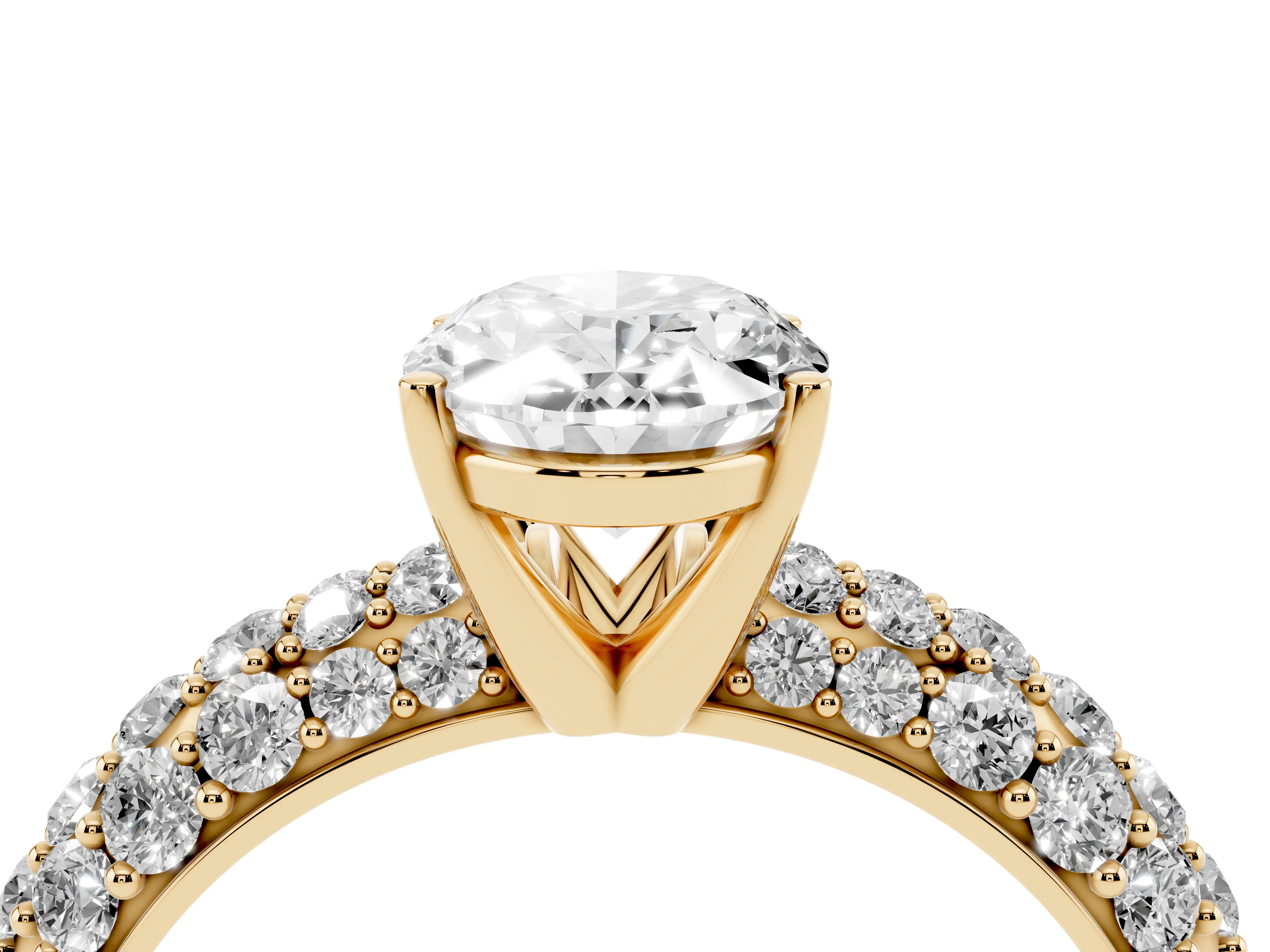 Oval Cut Diamond Pavé Band Solitaire Ring Set in Yellow gold with Close-Set Accent Stones and Prong Setting