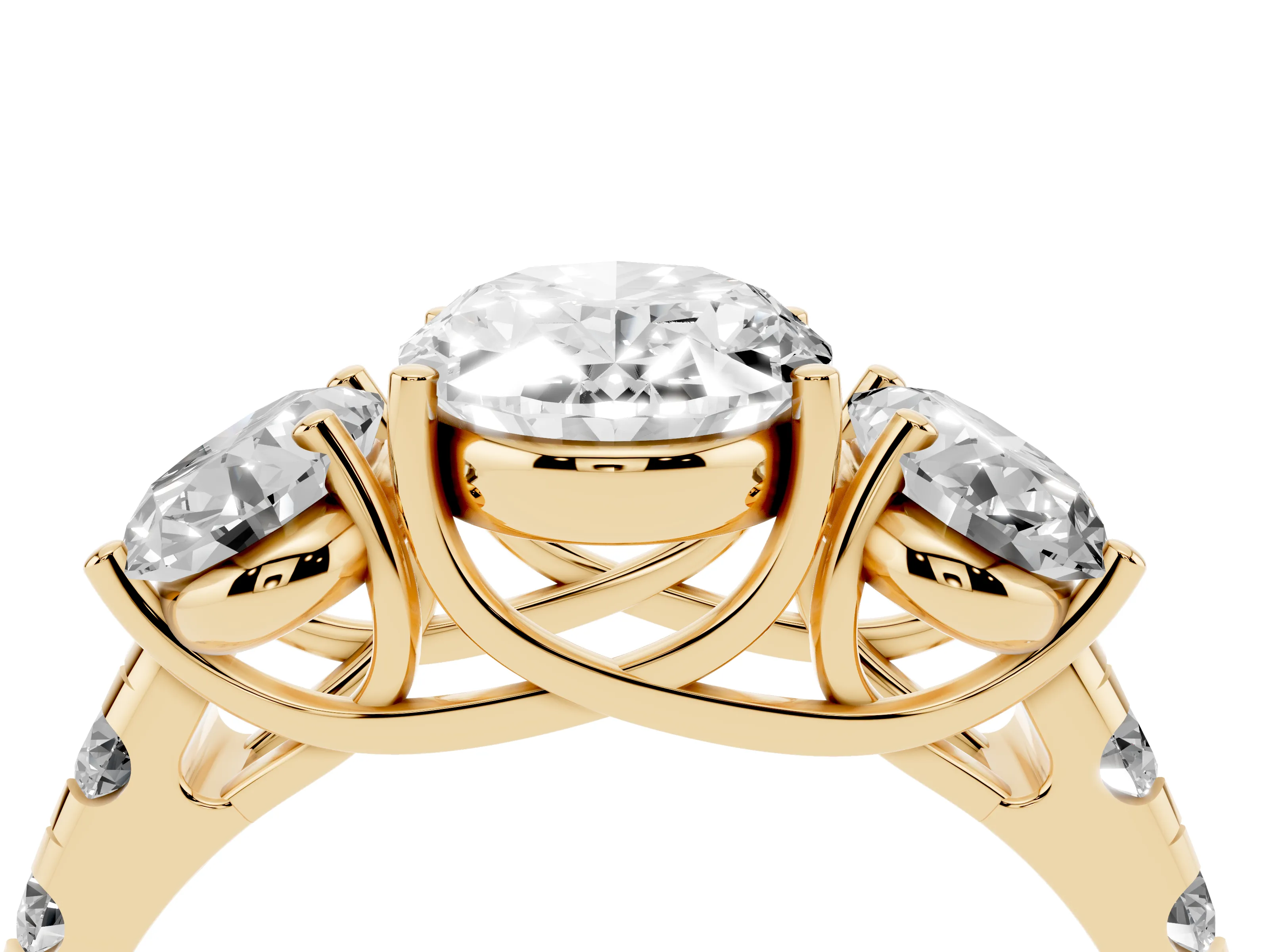 Oval Cut Diamond Three-Stone Ring Set in Yellow gold with Pavé Band