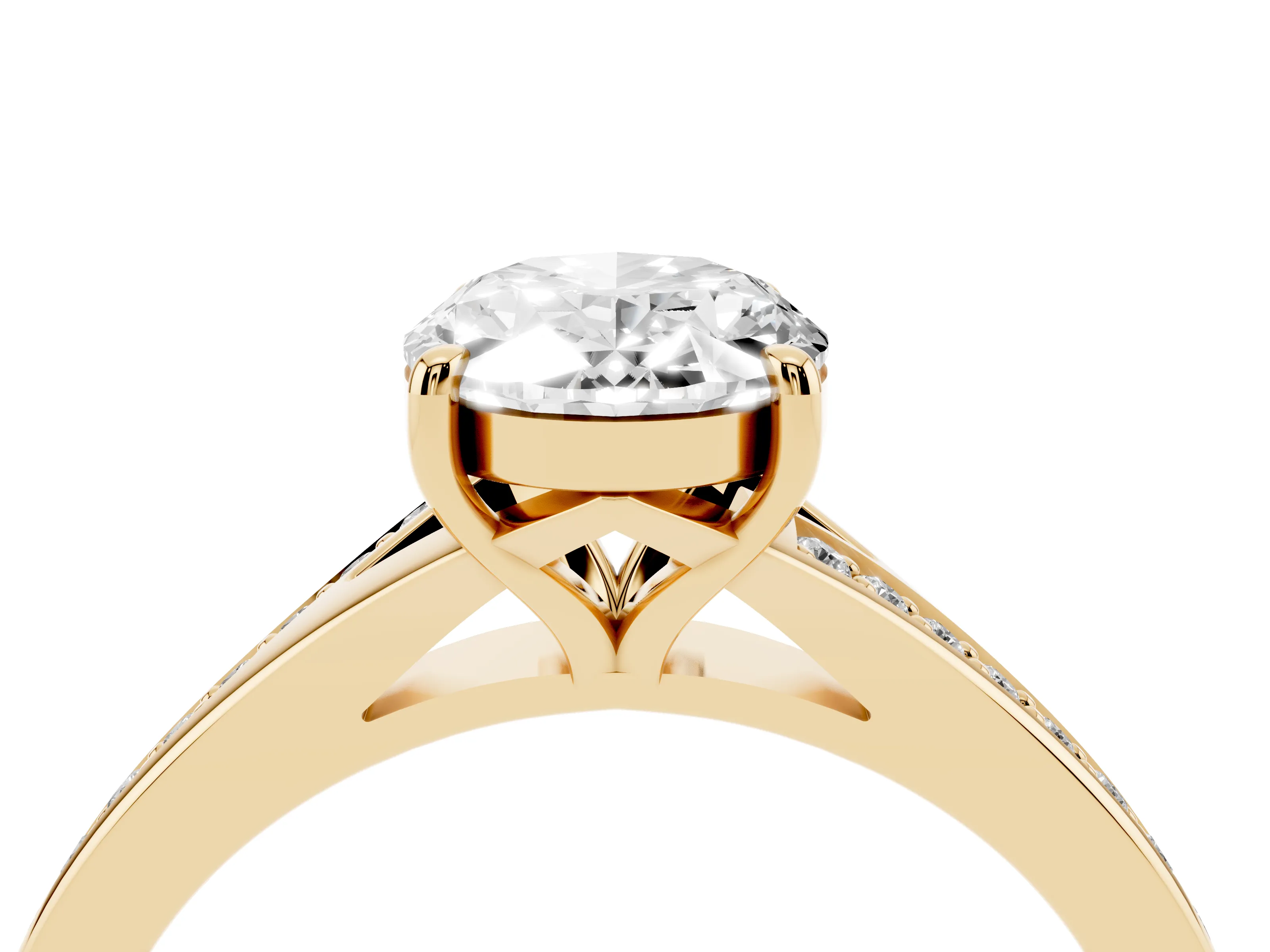 Oval Cut Diamond Solitaire Ring Set in Yellow gold with Pavé Accent Band and Classic Prong Setting