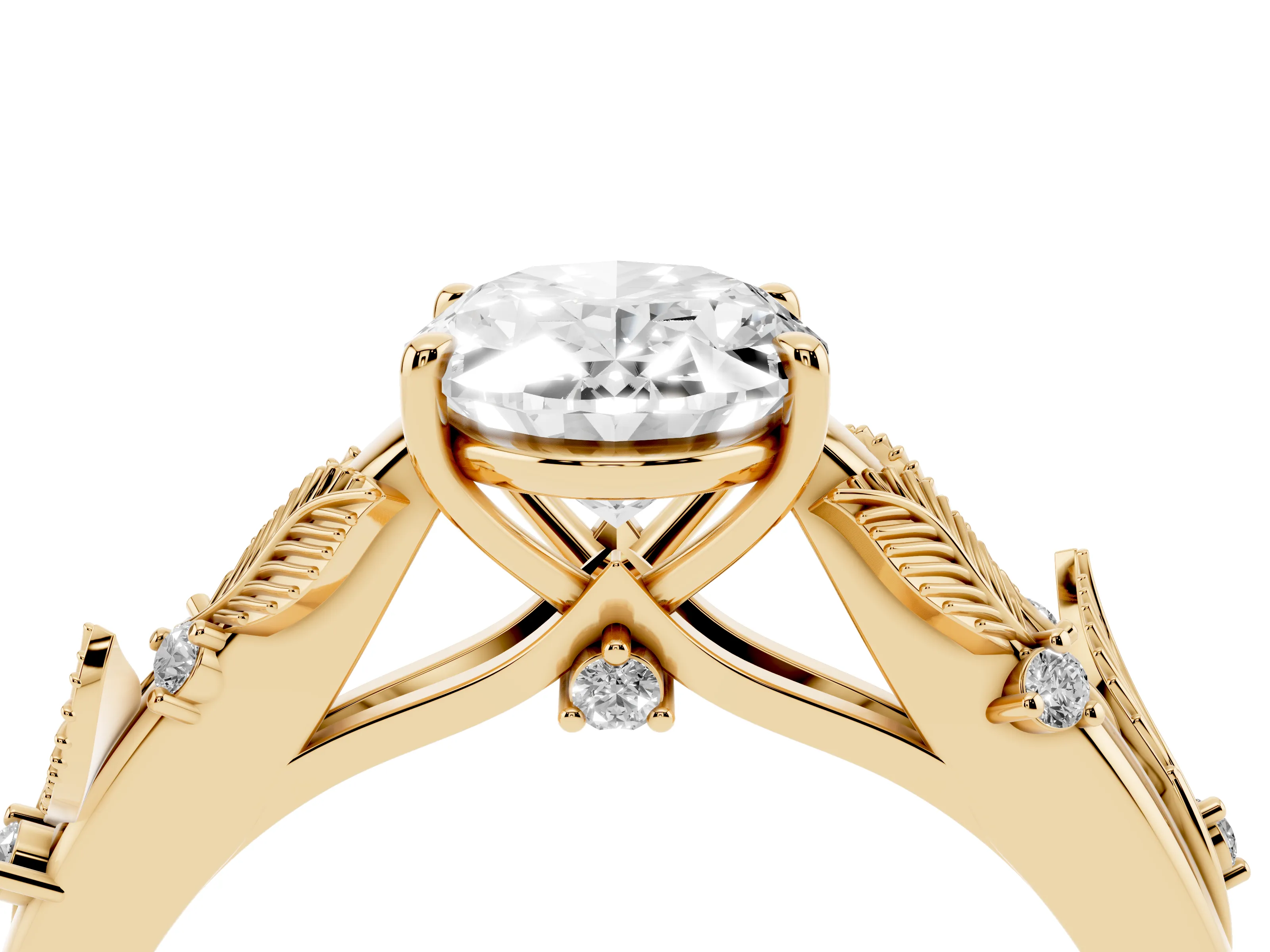Oval Cut Diamond Solitaire Ring Set in Yellow gold with Leaf Motif Band