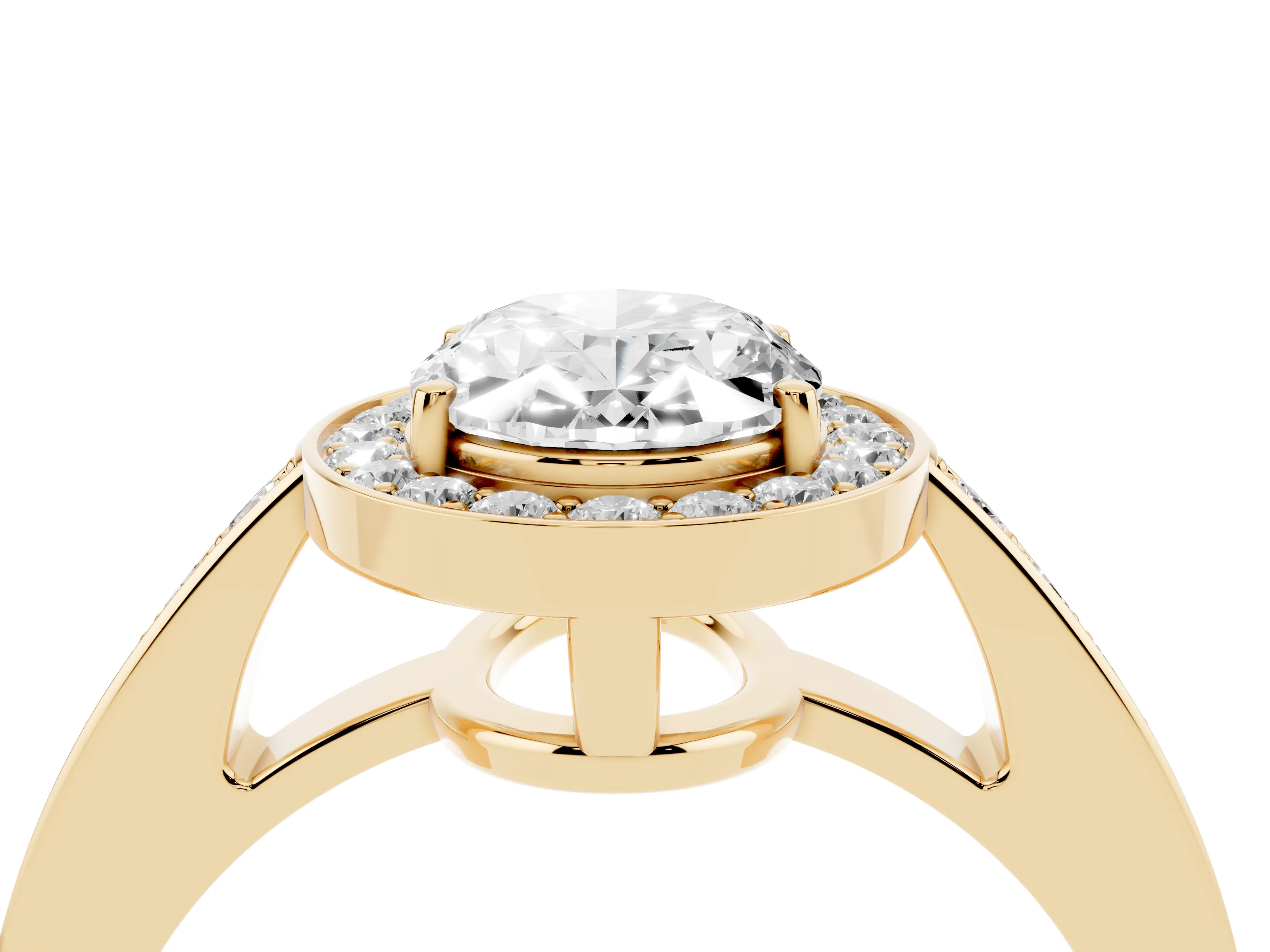 Oval Cut Diamond Halo Pavé Engagement Ring Set in Yellow gold with Bezel Setting