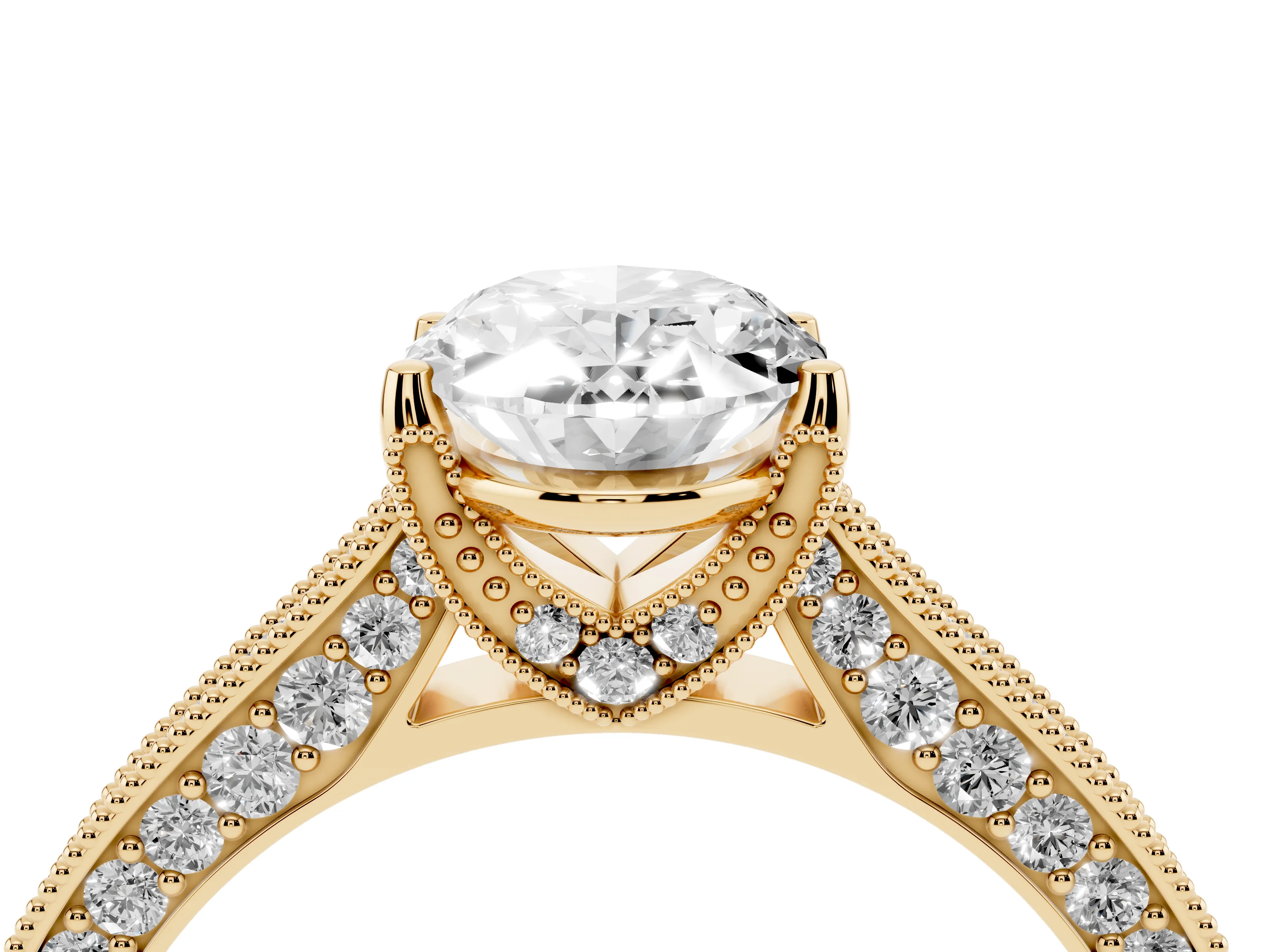 Oval Cut Diamond Solitaire Ring Set in Yellow gold with Milgrain-Edged Pavé Band and Prong Setting