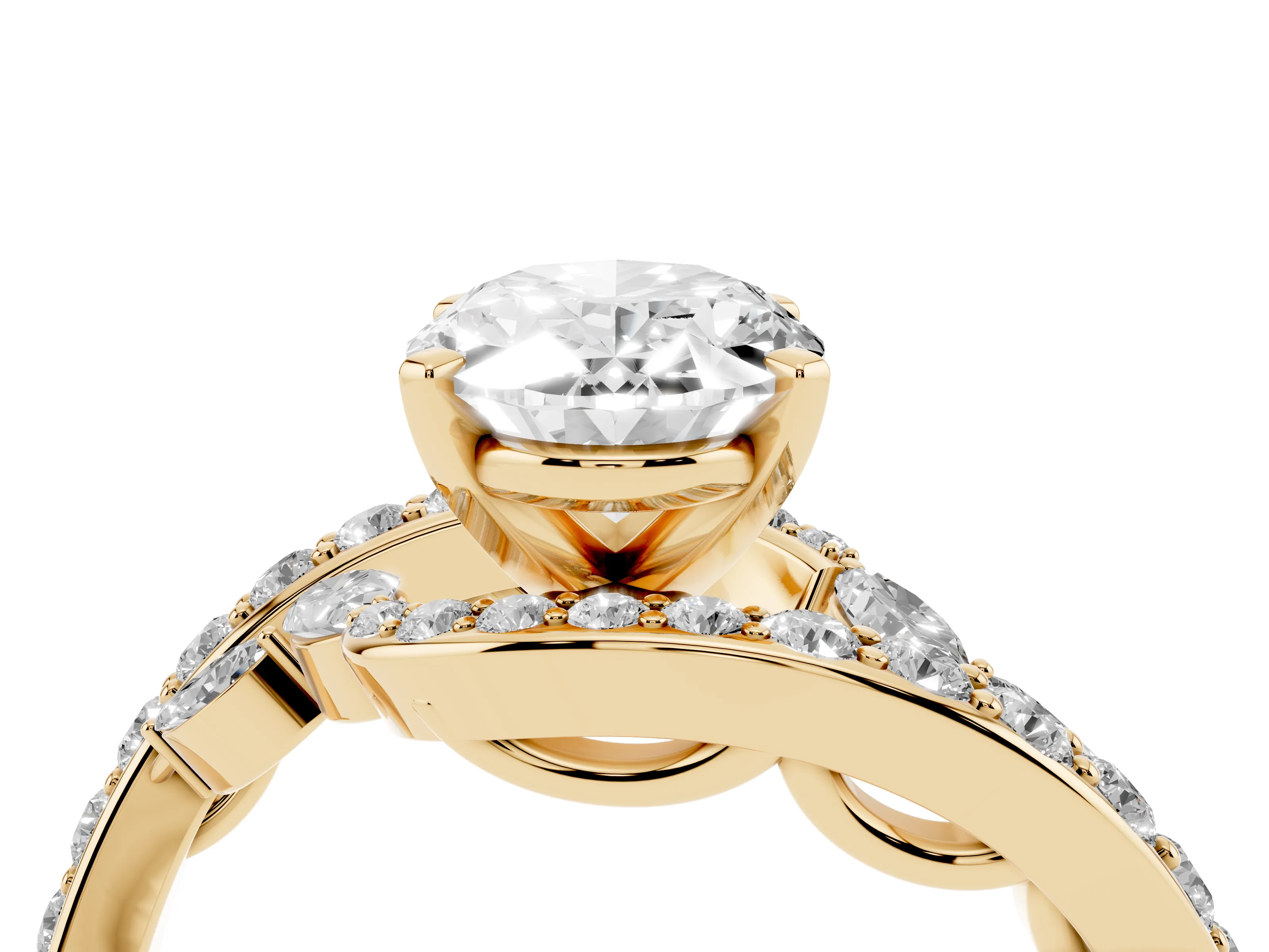 Oval Cut Diamond Solitaire Ring Set in Yellow gold with Pavé Twist Band and Secure Prong Setting