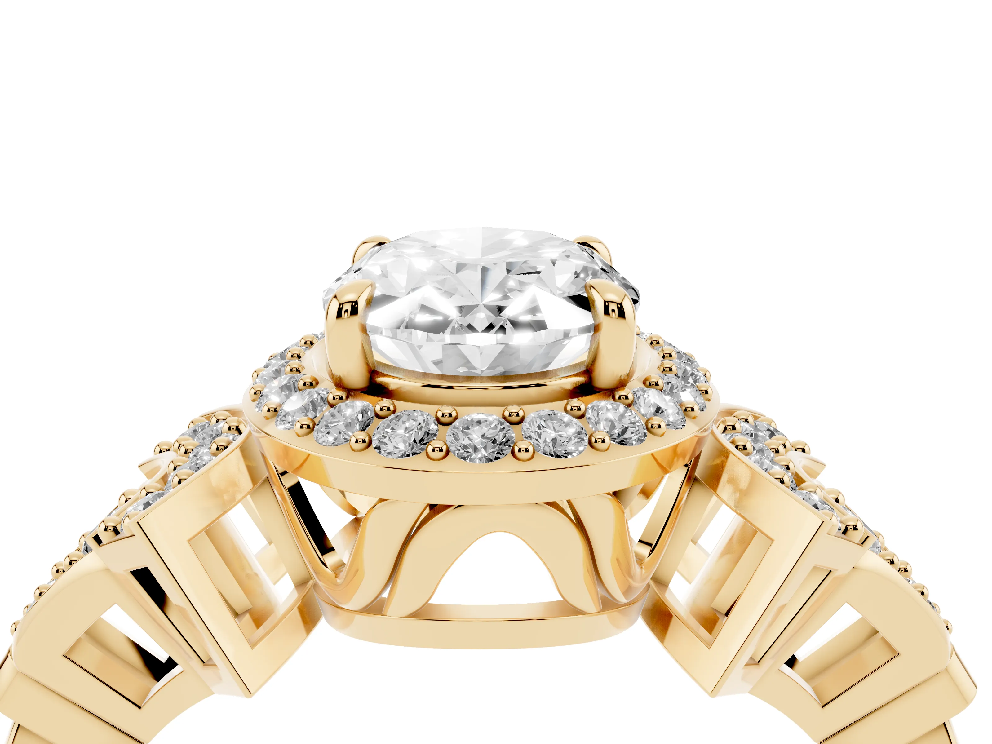 Oval Cut Diamond Halo Engagement Ring Set in Yellow gold with Accent Stone Split Shank