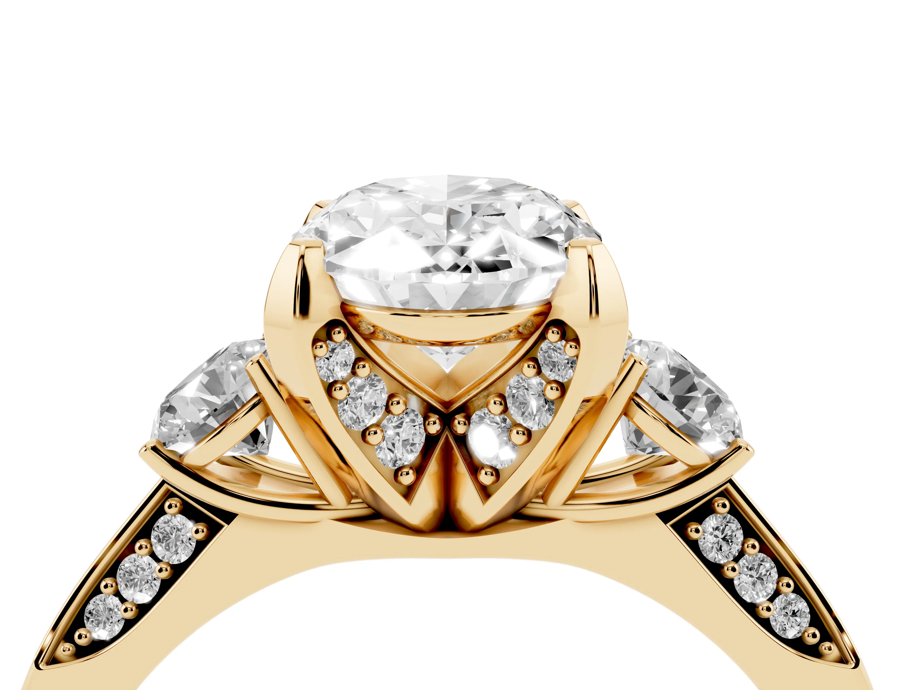 Oval Cut Diamond Three-Stone Ring Set in Yellow gold with Pavé Band and Smaller Side Stones