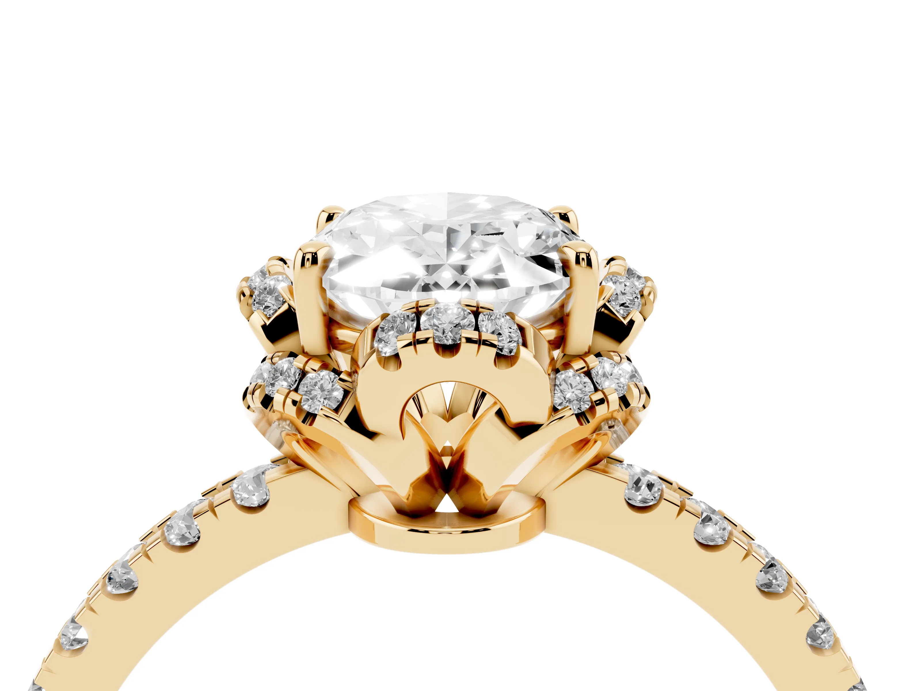 Oval Cut Diamond Halo Pavé Band Ring Set in Yellow gold with Prong-Held Center