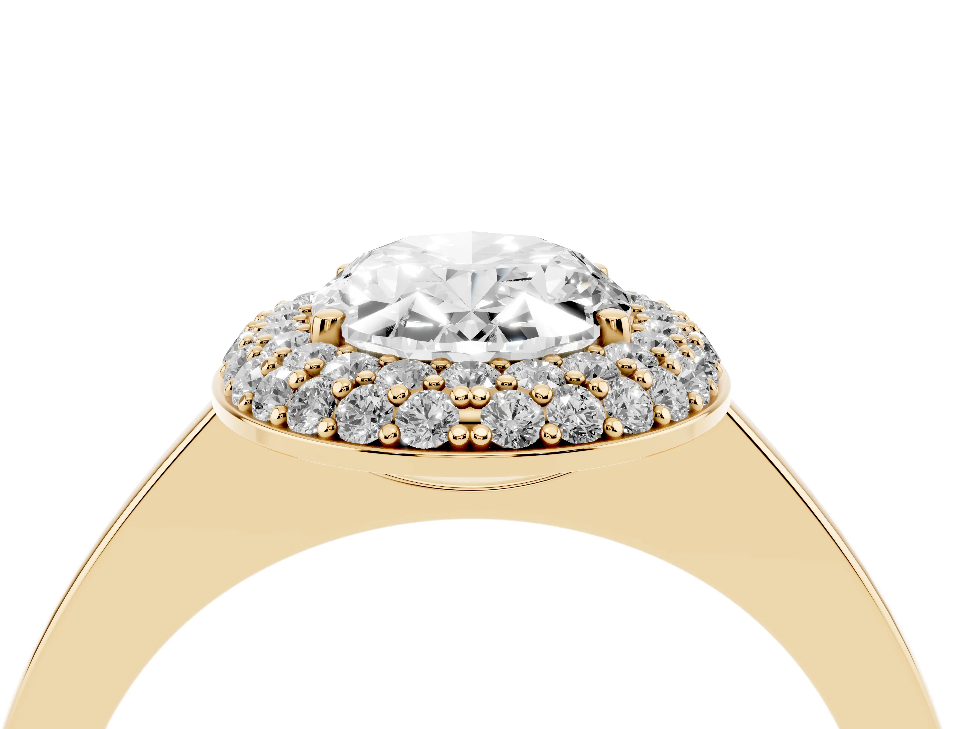 Oval Cut Diamond Halo Engagement Ring Set in Yellow gold with Solitaire Band and Prong Setting