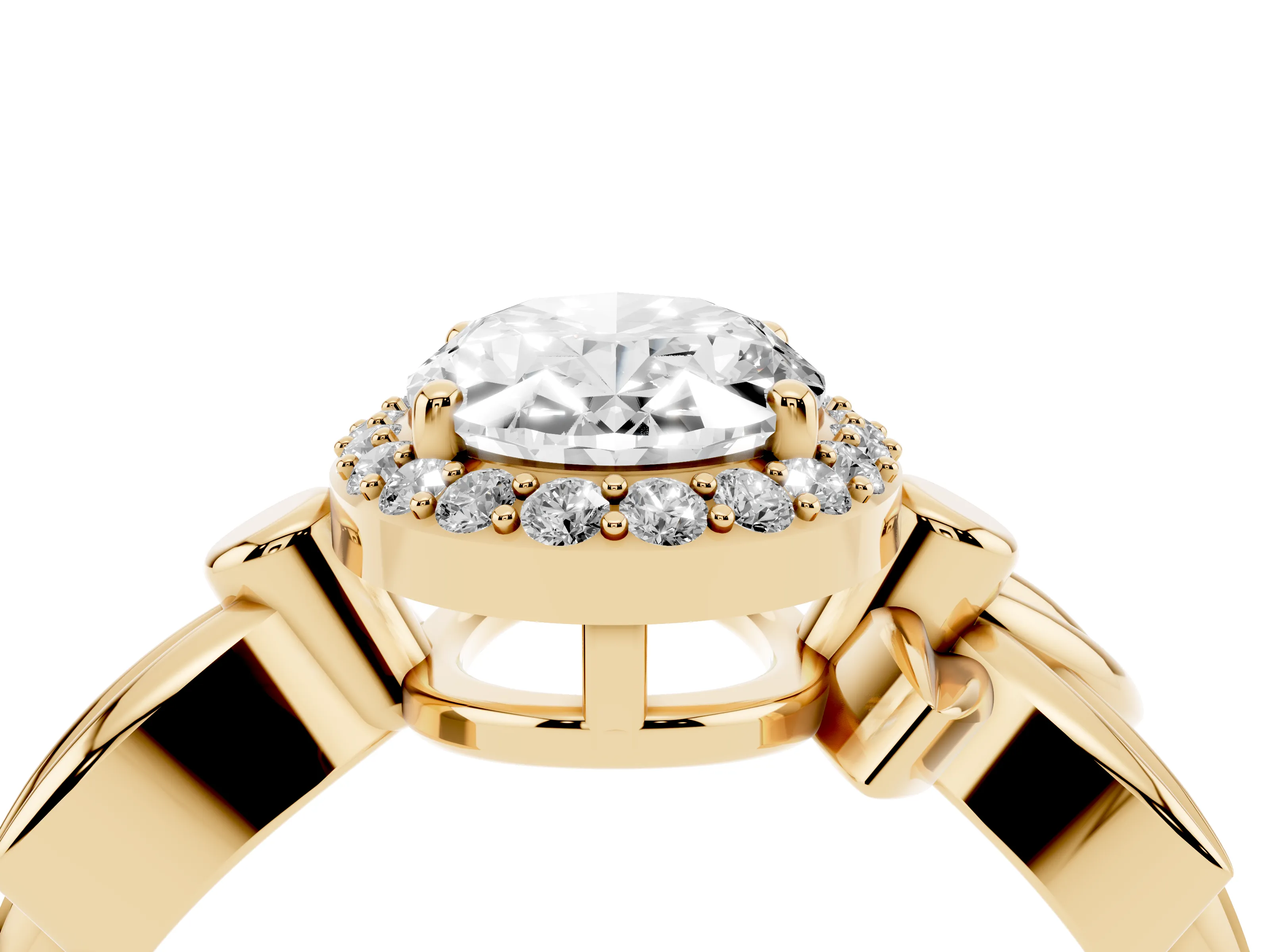 Oval Cut Diamond Halo Floral Band Ring Set in Yellow gold with Prong Setting