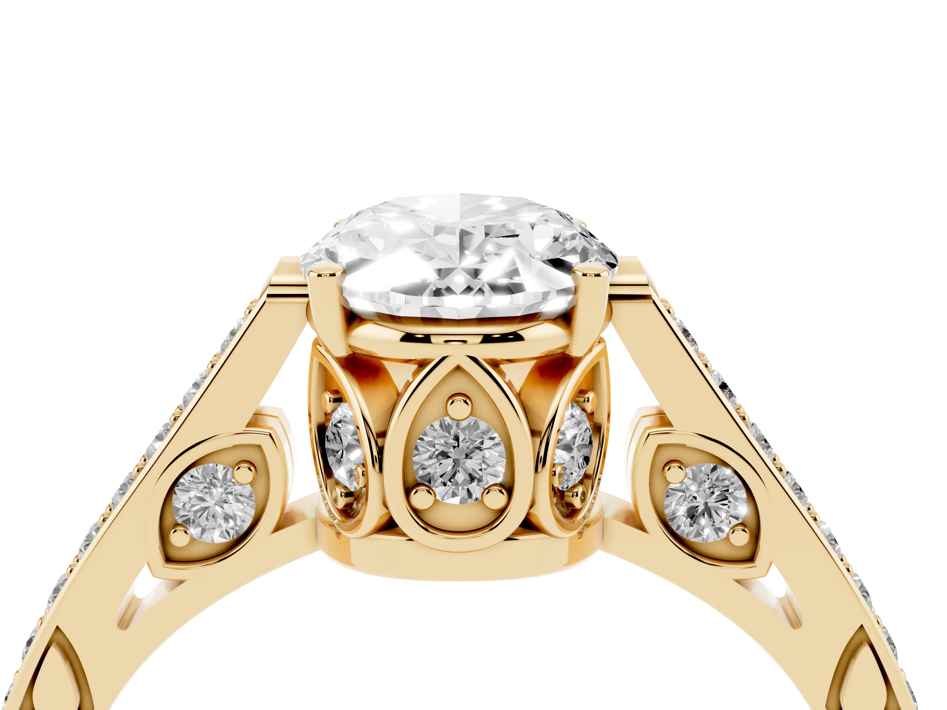 Oval Cut Diamond Cathedral Pavé Engagement Ring Set in Yellow gold with Prong Setting