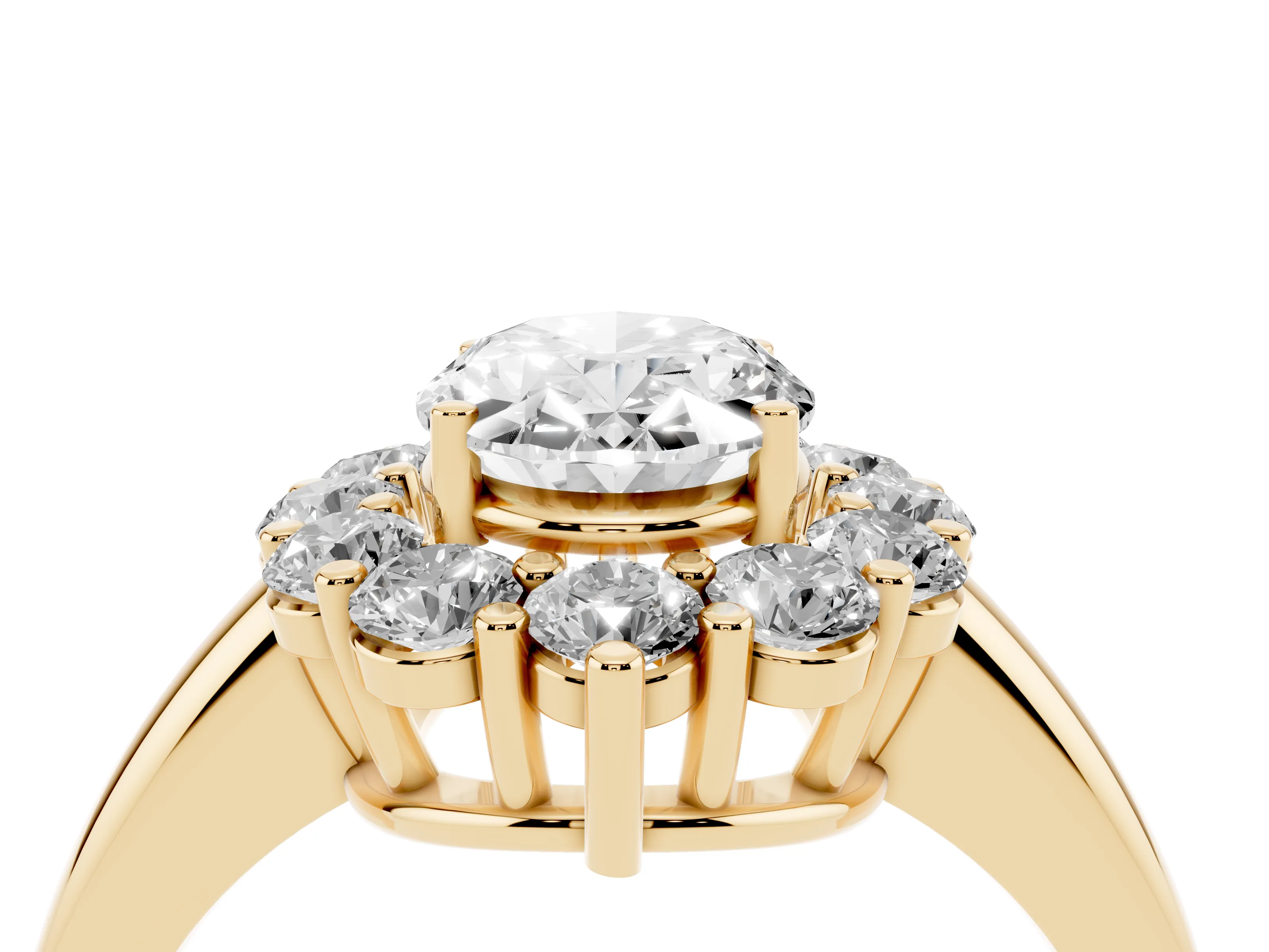 Oval Cut Diamond Halo Cluster Engagement Ring Set in Yellow gold with Polished Band and Prong Setting