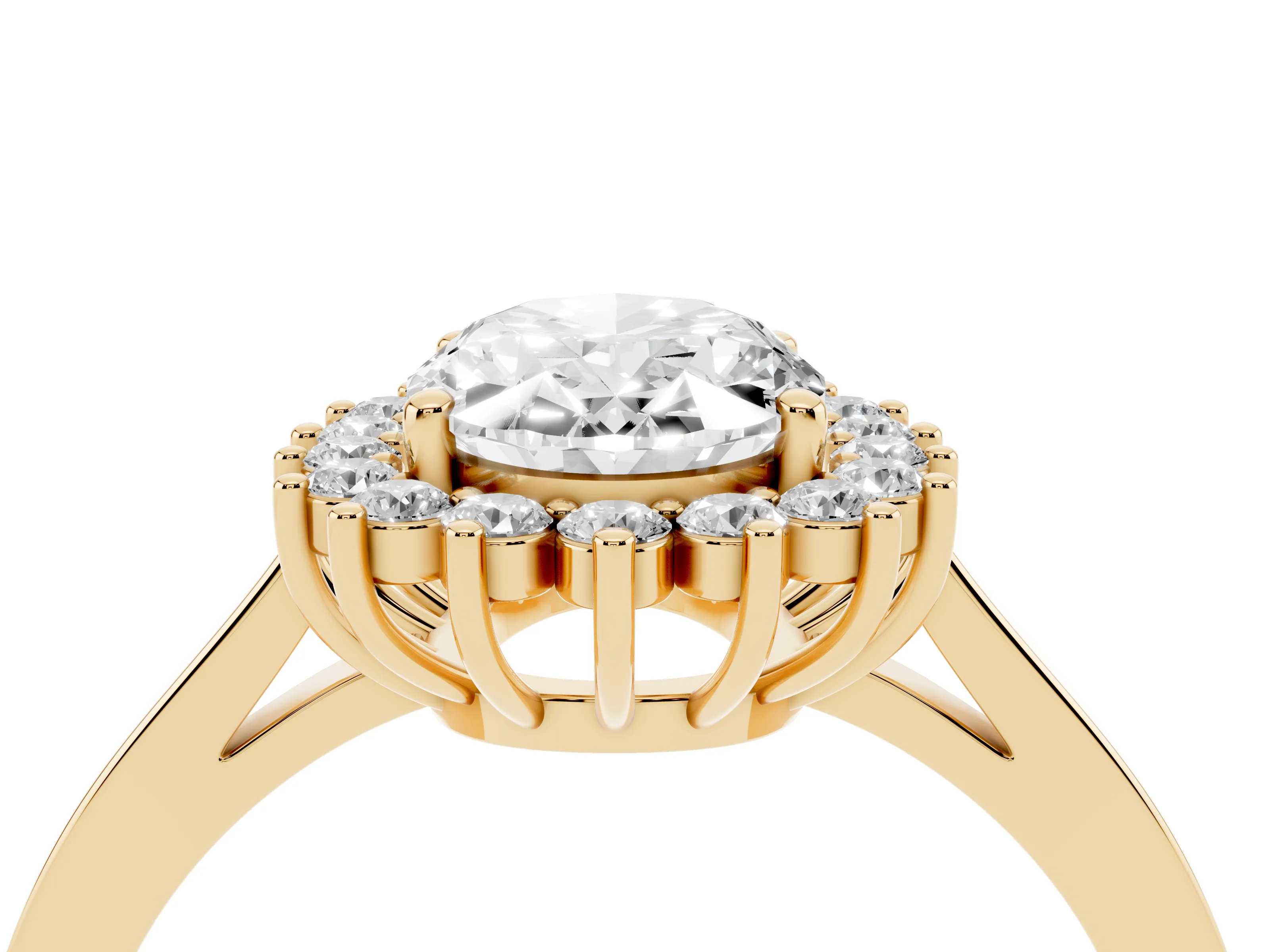 Oval Cut Diamond Halo Ring Set in Yellow gold with Round Halo and Smooth Solitaire Band