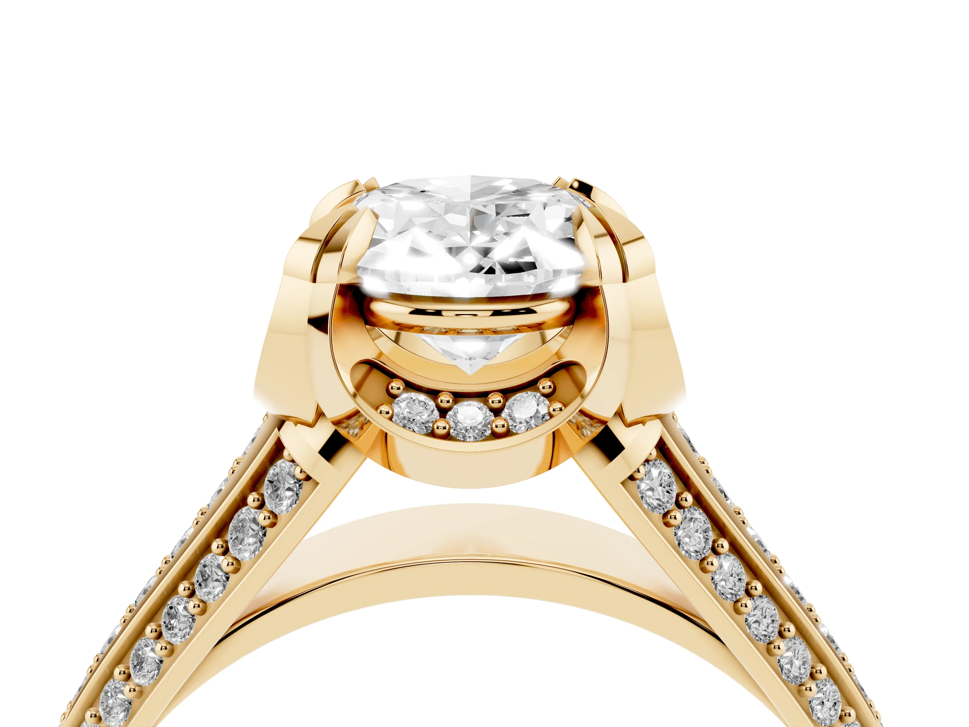 Oval Cut Diamond Pavé Split Shank Solitaire Ring Set in Yellow gold with Prong Setting