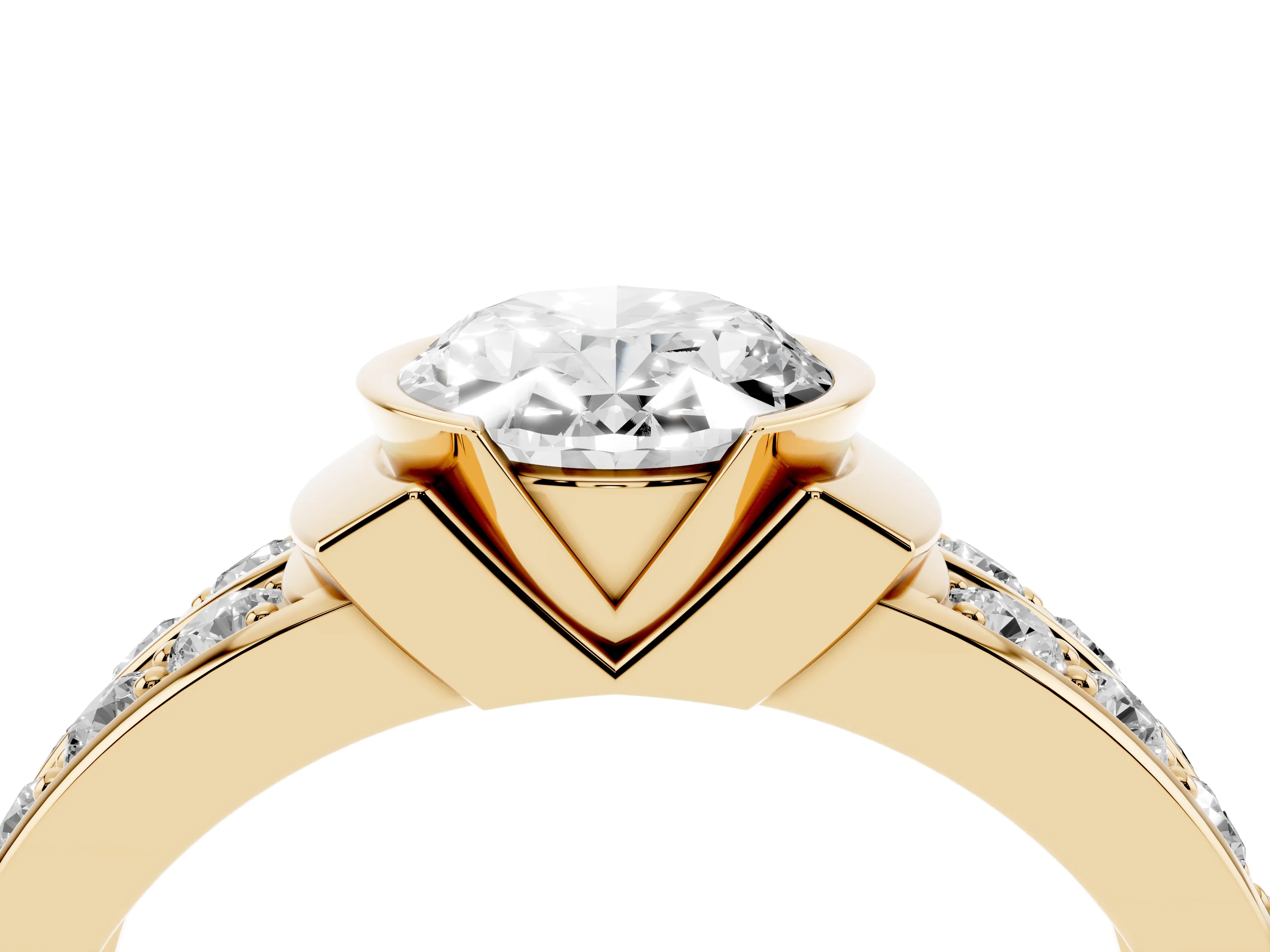 Oval Cut Diamond Wide Channel Set Band Ring Set in Yellow gold with Bezel Setting