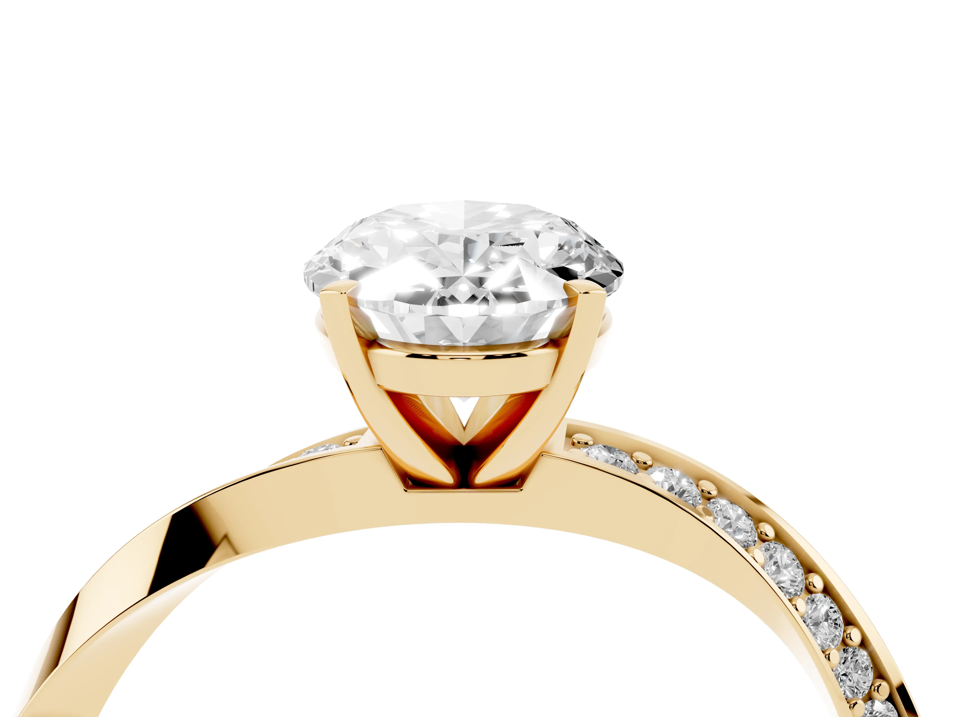 Oval Cut Diamond Engagement Ring Set in Yellow gold with Side Stone Accents and Prong Setting