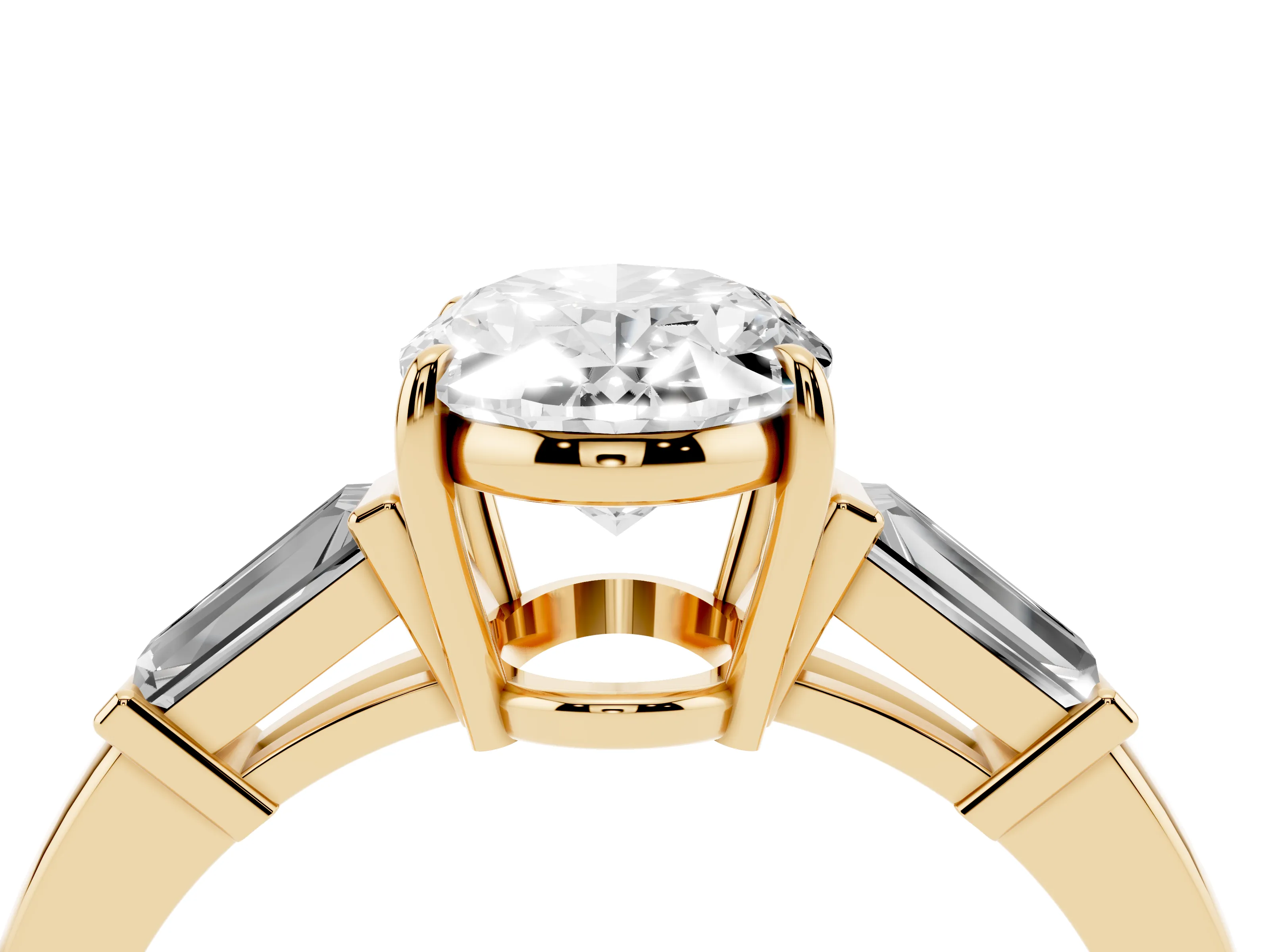 Oval Cut Diamond Three-Stone Ring Set in Yellow gold with Tapered Baguette Side Stones and Prong Setting