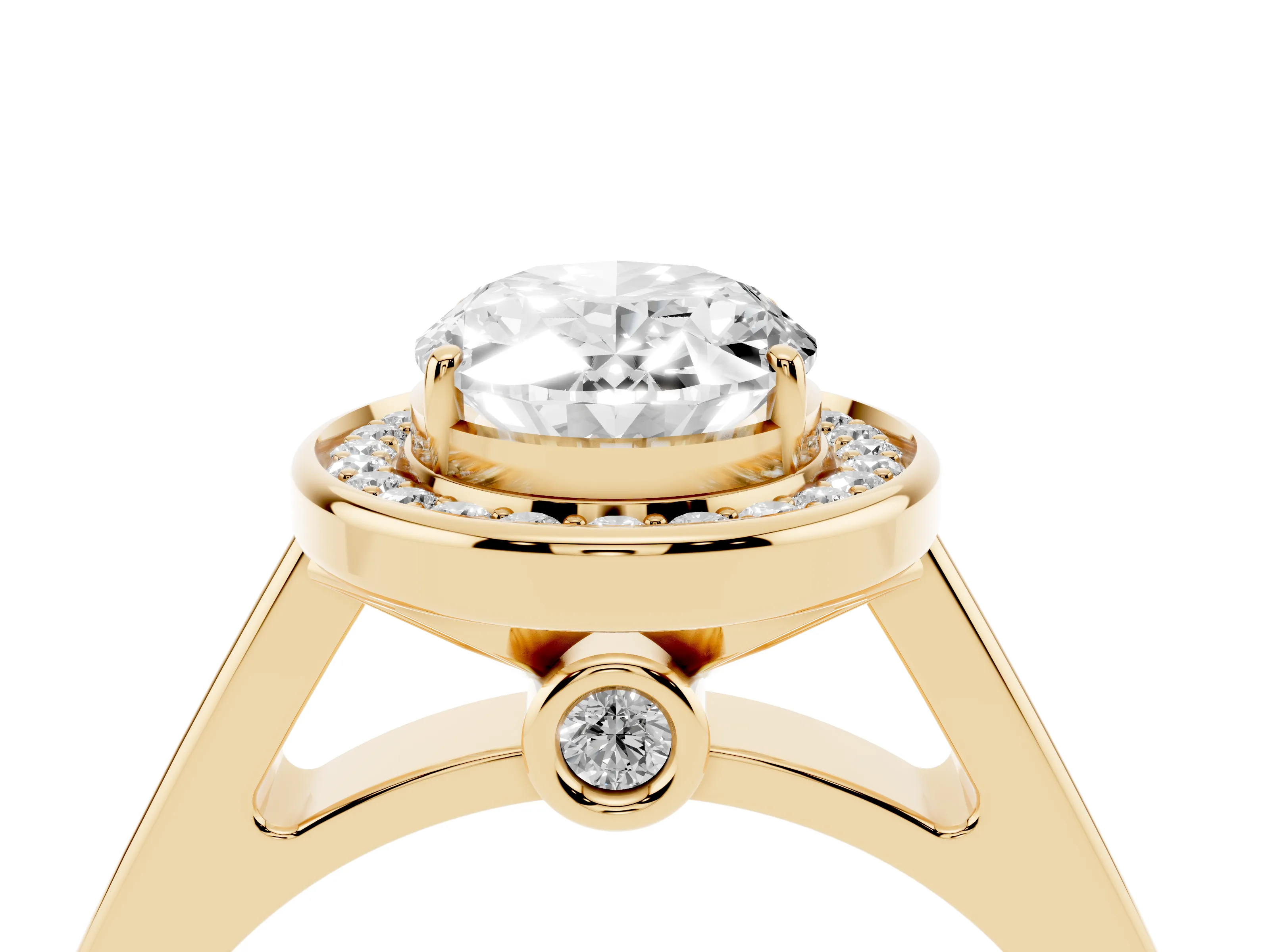 Oval Cut Diamond Halo Solitaire Ring Set in Yellow gold with Pavé Band and Bezel Setting