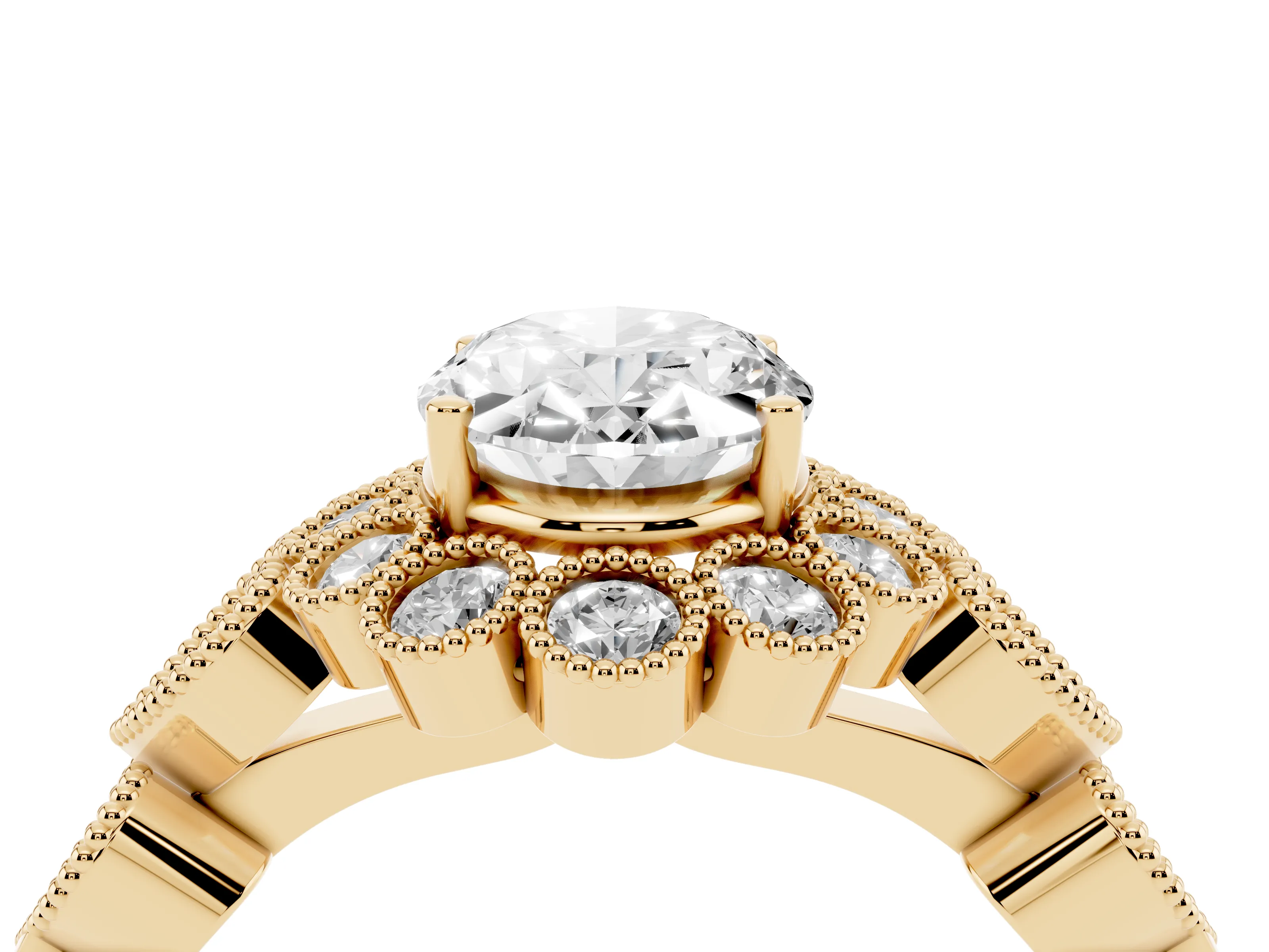 Oval Cut Diamond Solitaire Ring Set in Yellow gold with Milgrain Pavé Heart Band