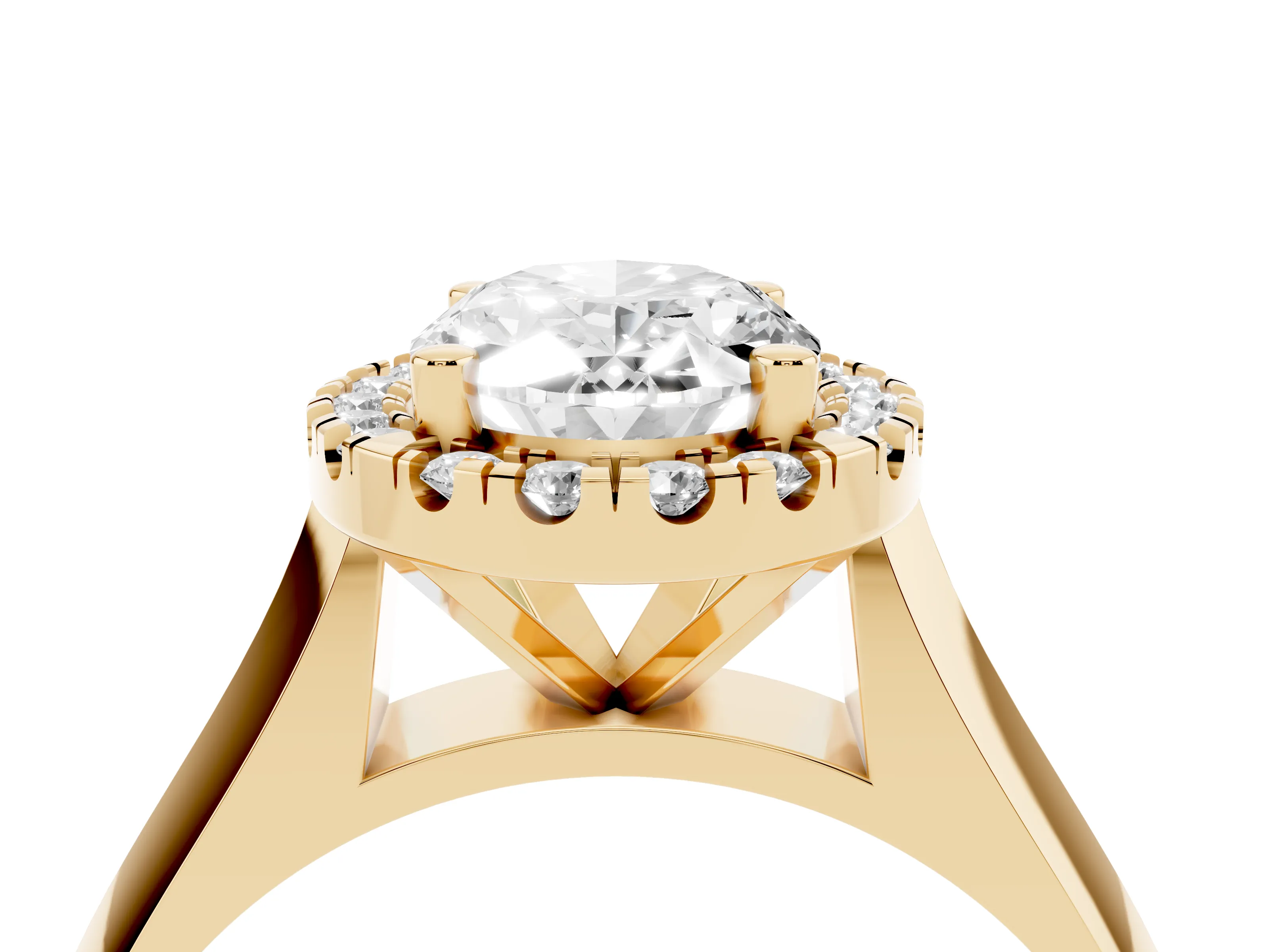 Oval Cut Diamond Halo Solitaire Engagement Ring Set in Yellow gold with Square Band and Prong Setting
