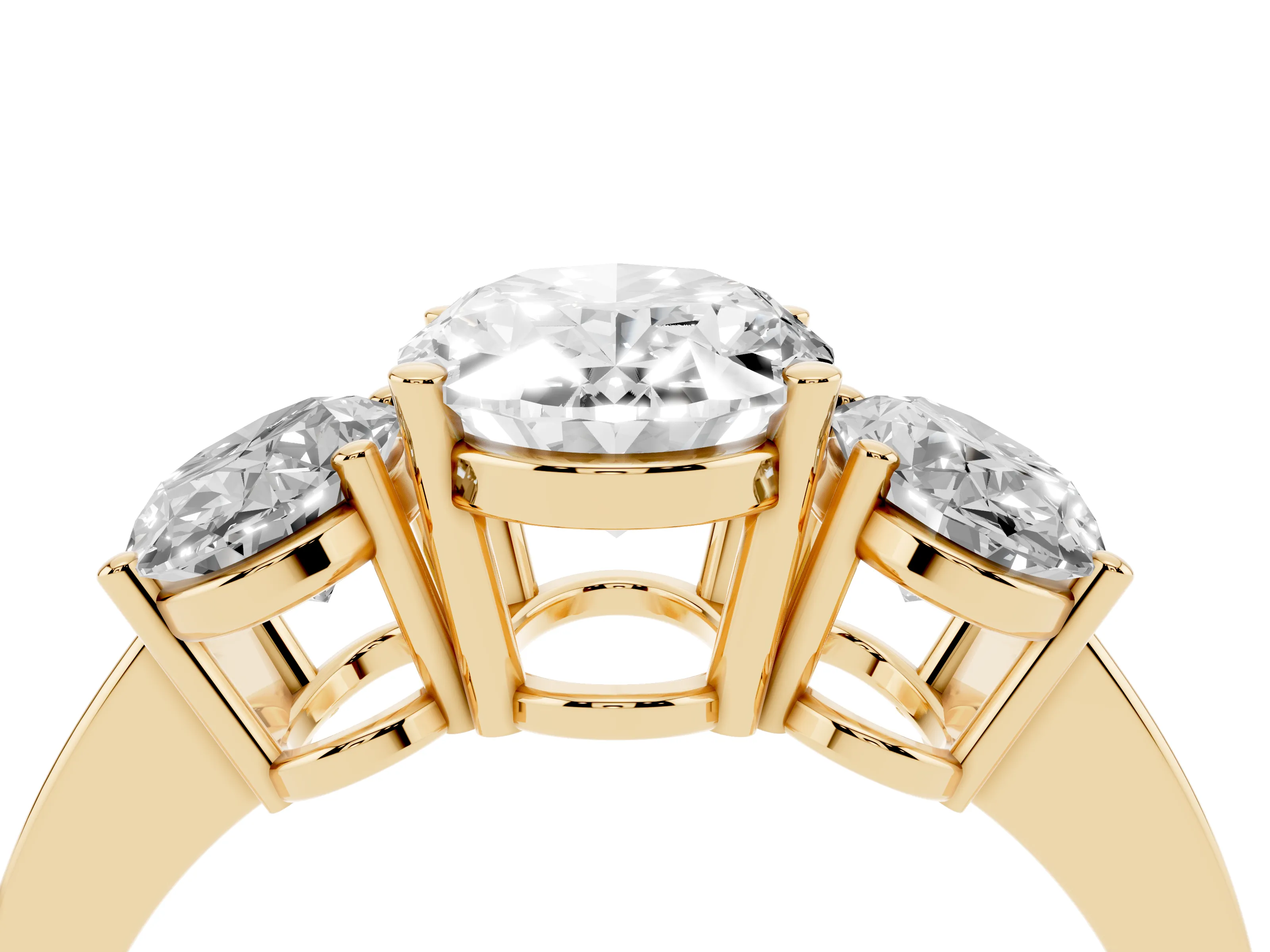 Oval Cut Diamond Three-Stone Engagement Ring Set in Yellow gold with Flat Band
