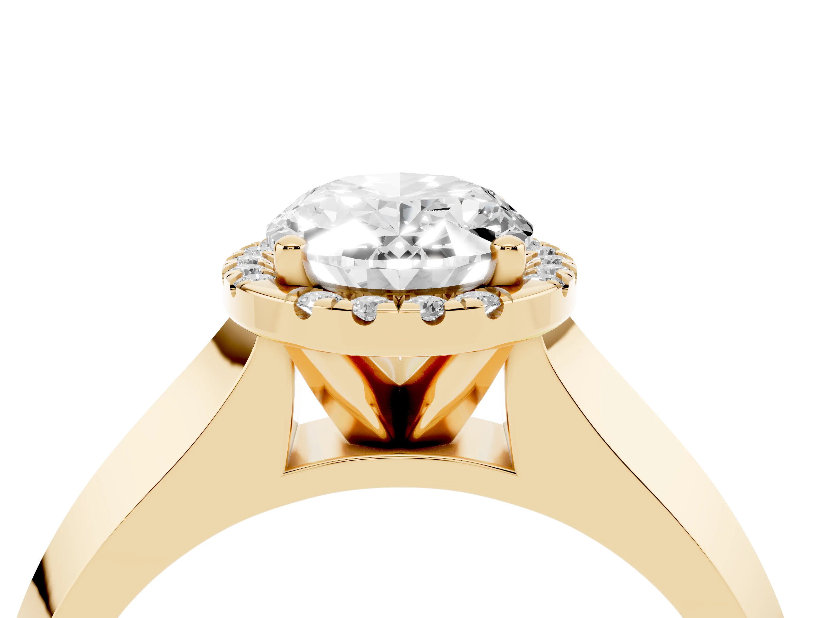 Oval Cut Diamond Halo Ring Set in Yellow gold with Cathedral Band and Prong Setting