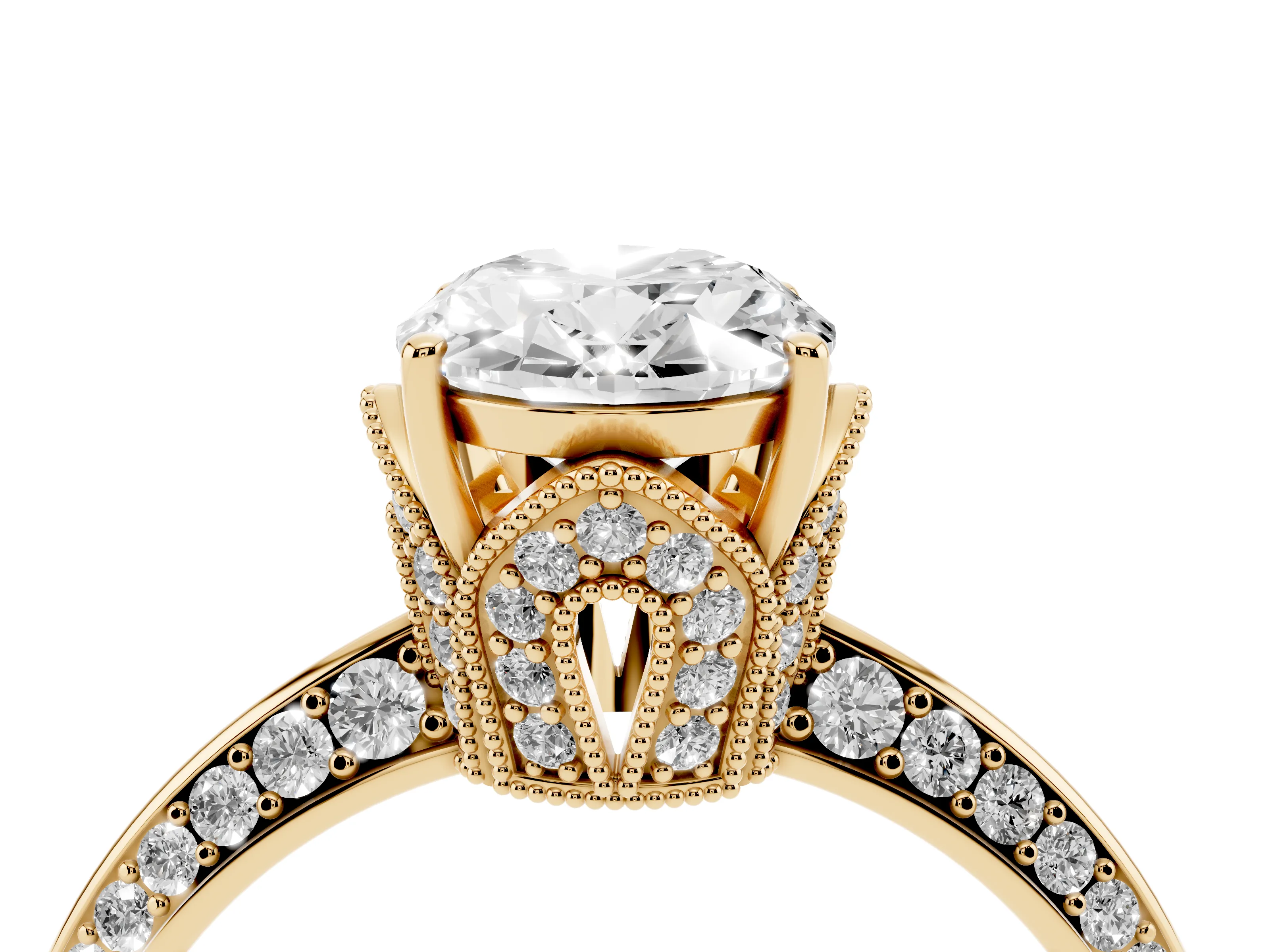 Oval Cut Diamond Solitaire Engagement Ring Set in Yellow gold with Pavé Split Shank and Prong Setting