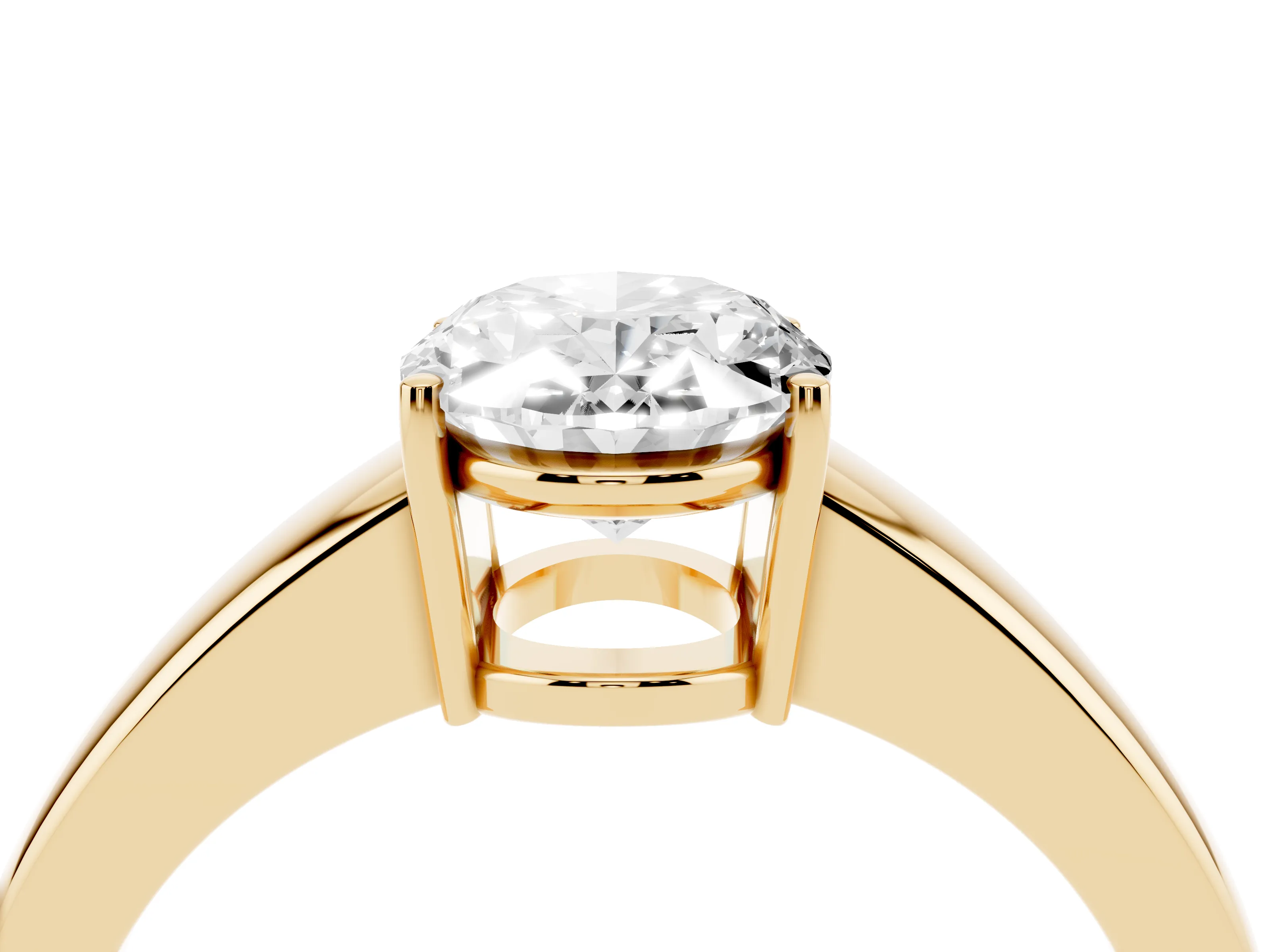 Oval Cut Diamond Solitaire Ring Set in Yellow gold with Tapered Band and Prong Setting
