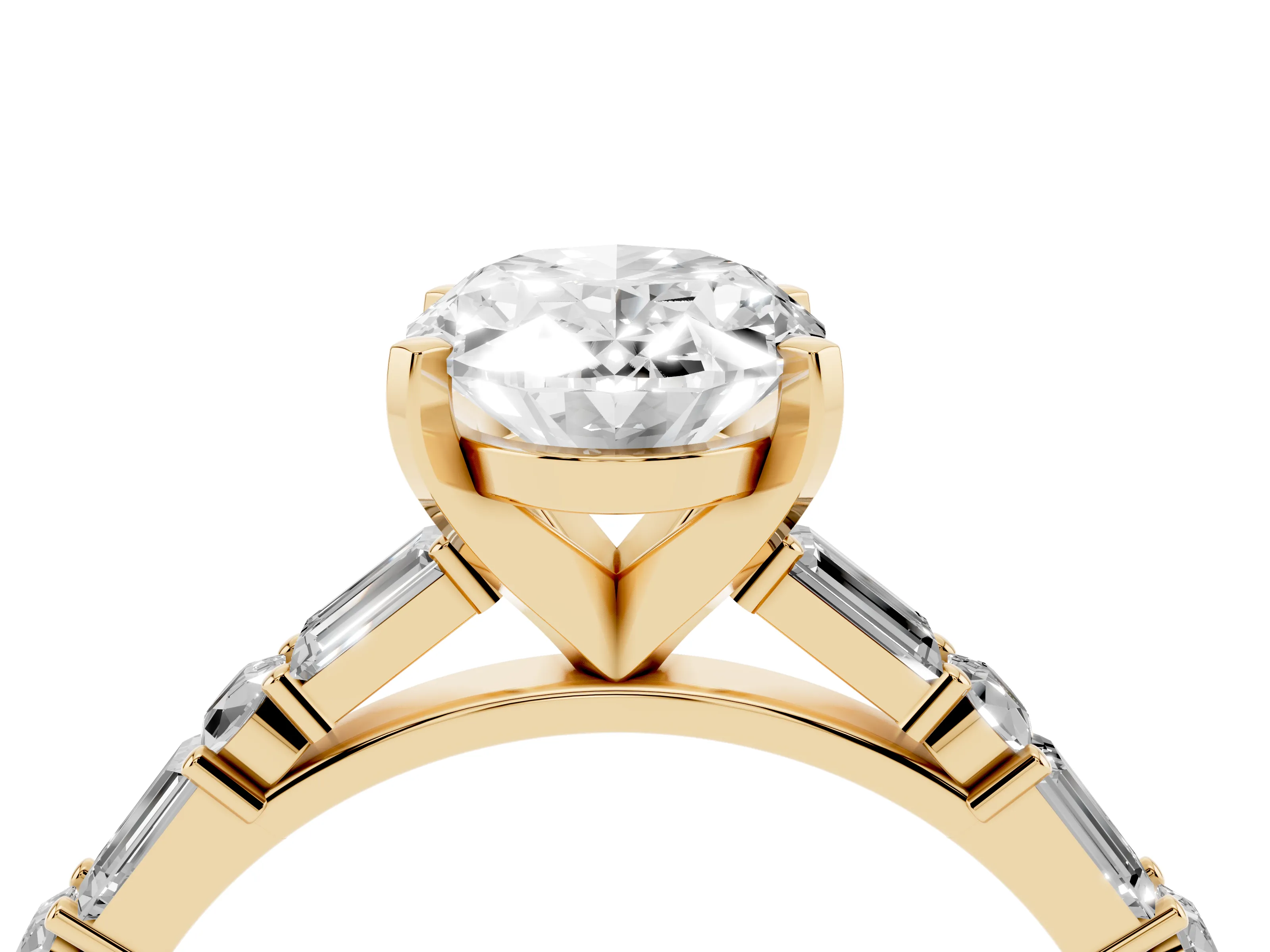 Oval Cut Diamond Solitaire Set in Yellow gold with Side Baguettes and Channel Set Band
