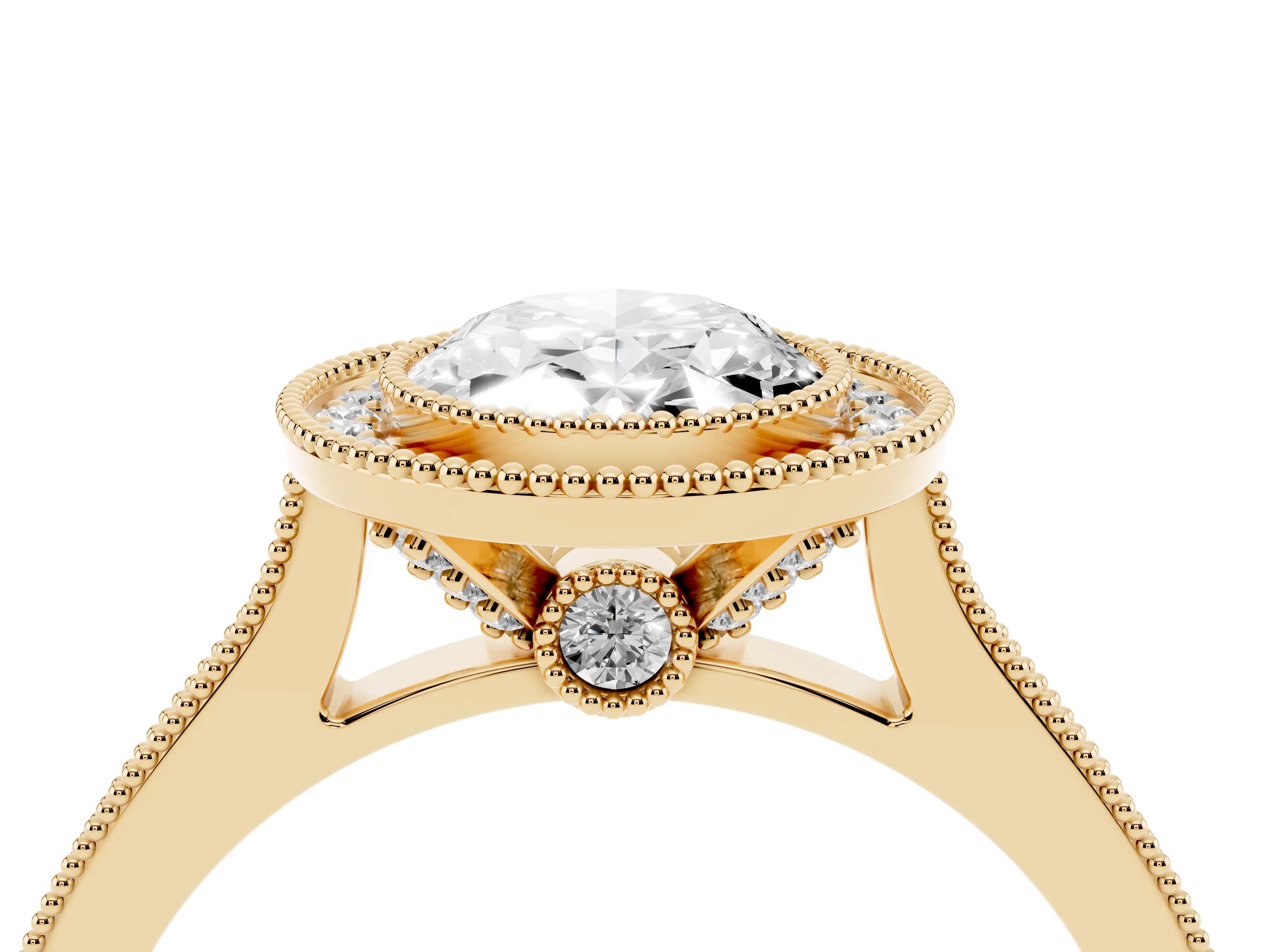 Oval Cut Diamond Halo Milgrain Pavé Band Ring Set in Yellow gold with Prong Setting